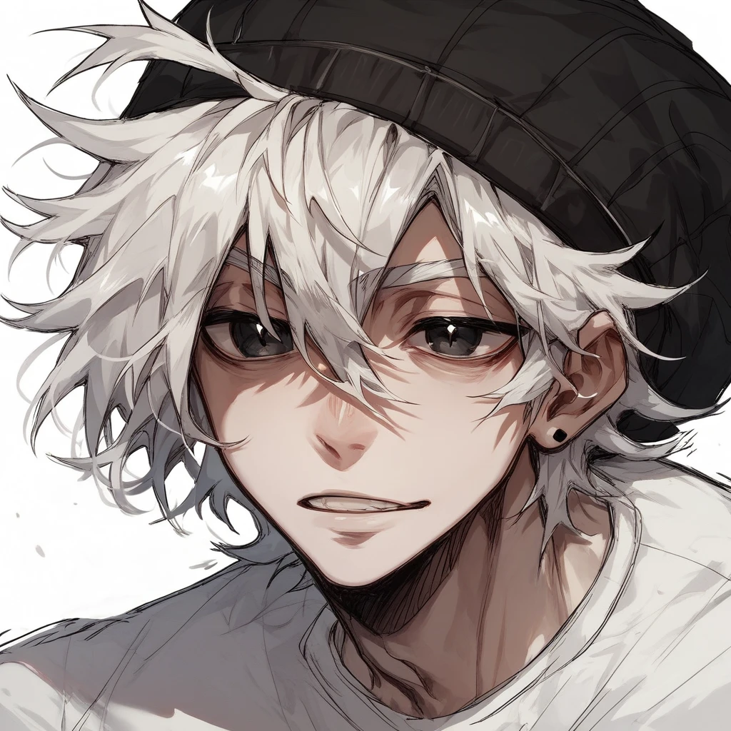 1boy, messy hair, sketchy lines, grunge, hat, shirt, black pupils, white hair, beanie