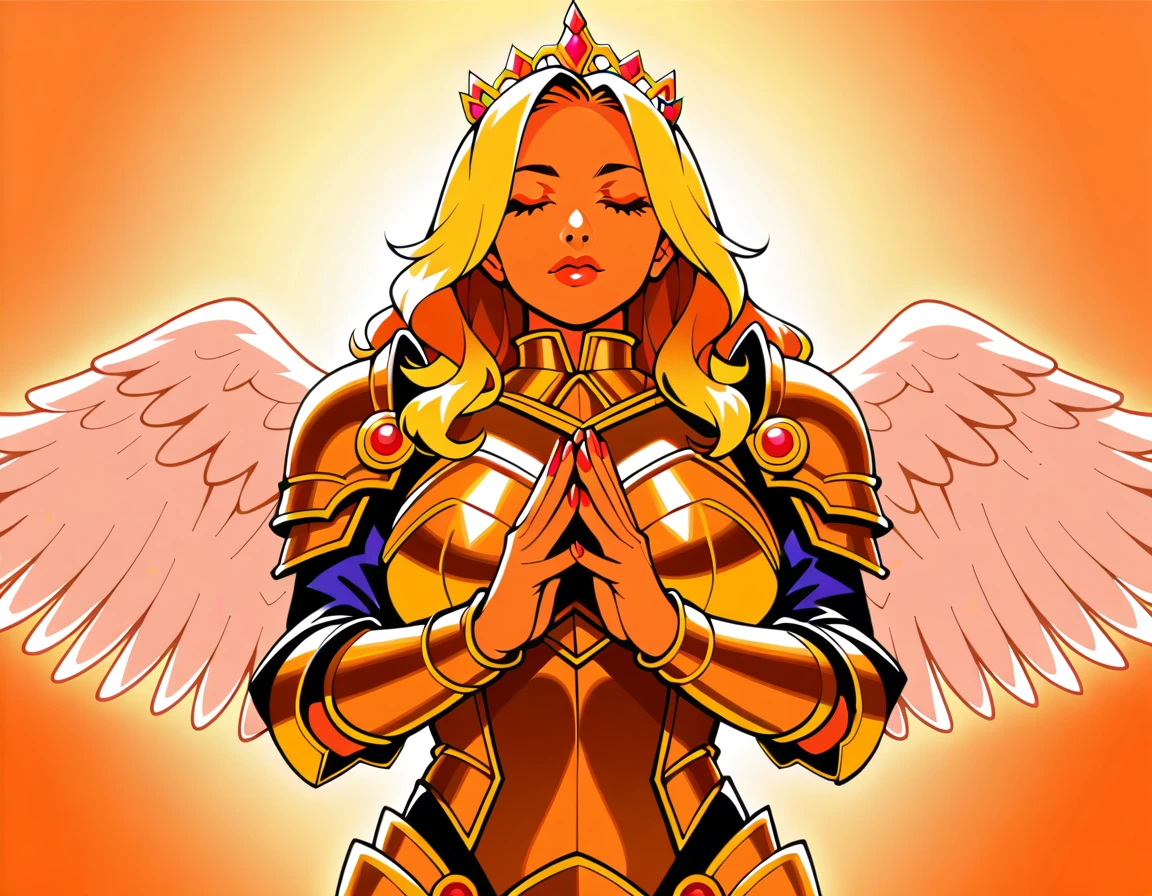 Masterpiece,best quality,1girl,solo,vector art,cowboy shot,lineart,limited color palette,gradient blonde hair,((Marin Kitagawa)),closed eyes, PLD_armor, a woman in armor praying , wearing PLD_armor,looking at viewer,angel wings,tiara,golden engavings, 