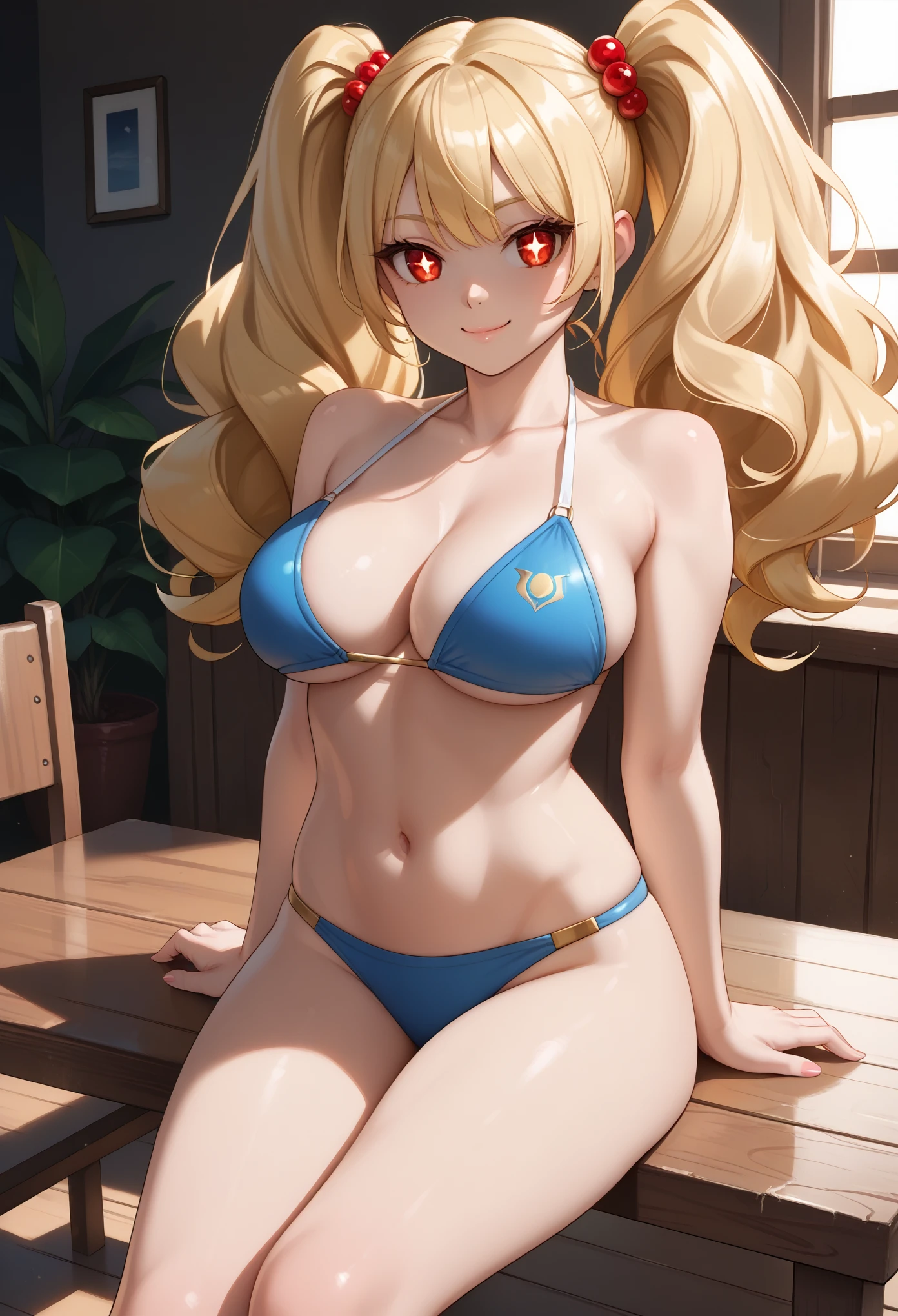 score_9_up, score_8_up, score_7_up, solo, source_anime, 1girl, super hero girl, +_+, bright pupils, detailed eyes BREAK 

Large breasts, Blonde hair, red eyes, twintails, big hair BREAK 

Blue bikini, navel BREAK 

Outdoors, summer resort, sitting on wooden chair, smile, looking at viewer, closed mouth, table BREAK 