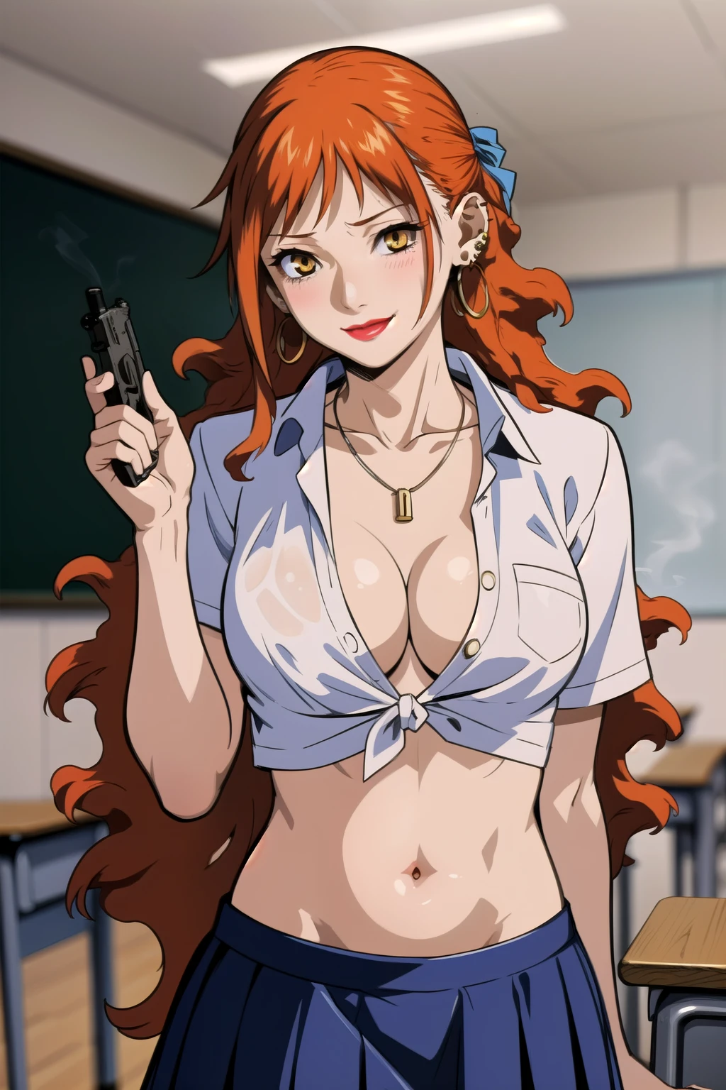 momomi, medium breast, long hair, earrings, red lips, large breasts, ear piercing, long hair, blush, lipstick,Hot girl, baddie,
smoking, sensual, attractive ,masterpiece, best quality, ((unbuttoned school uniform, cleavage, necklace, earrings, sexy body,
breasts)) , micro skirt, smiling, navel , exposed belly, exposed navel,,school,
classroom , hold a gun,knot, holding pistol, 