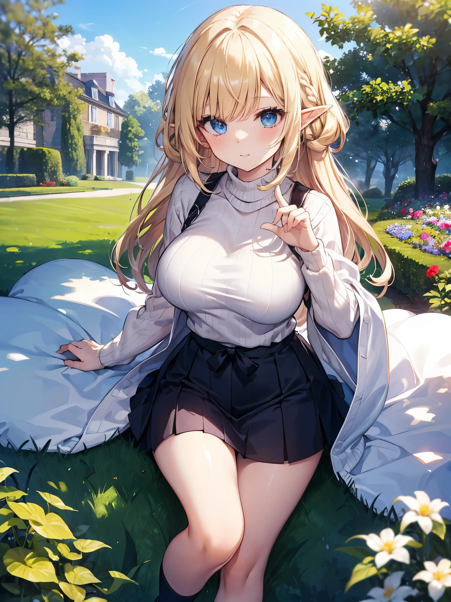 (absurderes、Absolute resolution、incredibly absurdness、hight resolution、ultra-detailliert:1.0、Official art)、master piece, Sharp Focus ,Delicate Beautiful Hair and Eyes and Face, Lifelike, Hyper-detailing, a matural female, Dynamic Hair, slender,pale skin, (Wearing a white long sleeve collard shirt and black pleated skirt), (Big breasts that are about to burst), cleavage of the breast,((areola is sheer)), Beautiful cute woman,Wet in the rain,(Delicate blonde hair),(length hair),Delicate dark blue eyes, Disgusting look, a closed mouth, is crying,(Lying on the grass), thighs thighs thighs thighs,Sexy legs, ((Arms behind your head)), grass field,