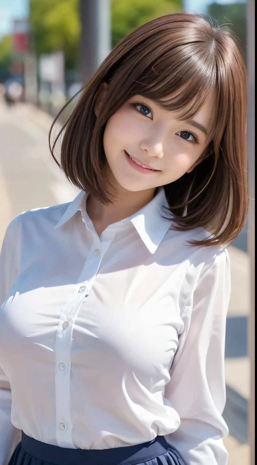  .................,, In front of school、 skirt 、 long sleeve white shirt、格子柄 skirt、On, , sakimichan,, So cute and cute ,  nice smile, sakimichan hdri、Lori、 boobs、Beautiful breasts 、,(Big Breasts:1.20),(:1)、 brown hair、 brown hairの髪、 blue eyes、 short bob、Cute pose、 close your mouth