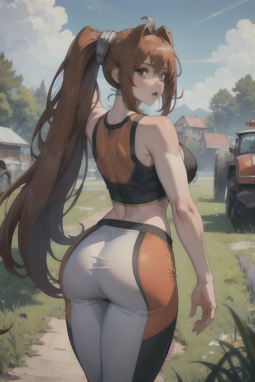 masterpiece, best quality, senEstelle, huge breasts, orange tank top, black sweatpants, looking at viewer, from behind, surprised, farm, thick thighs, confused 