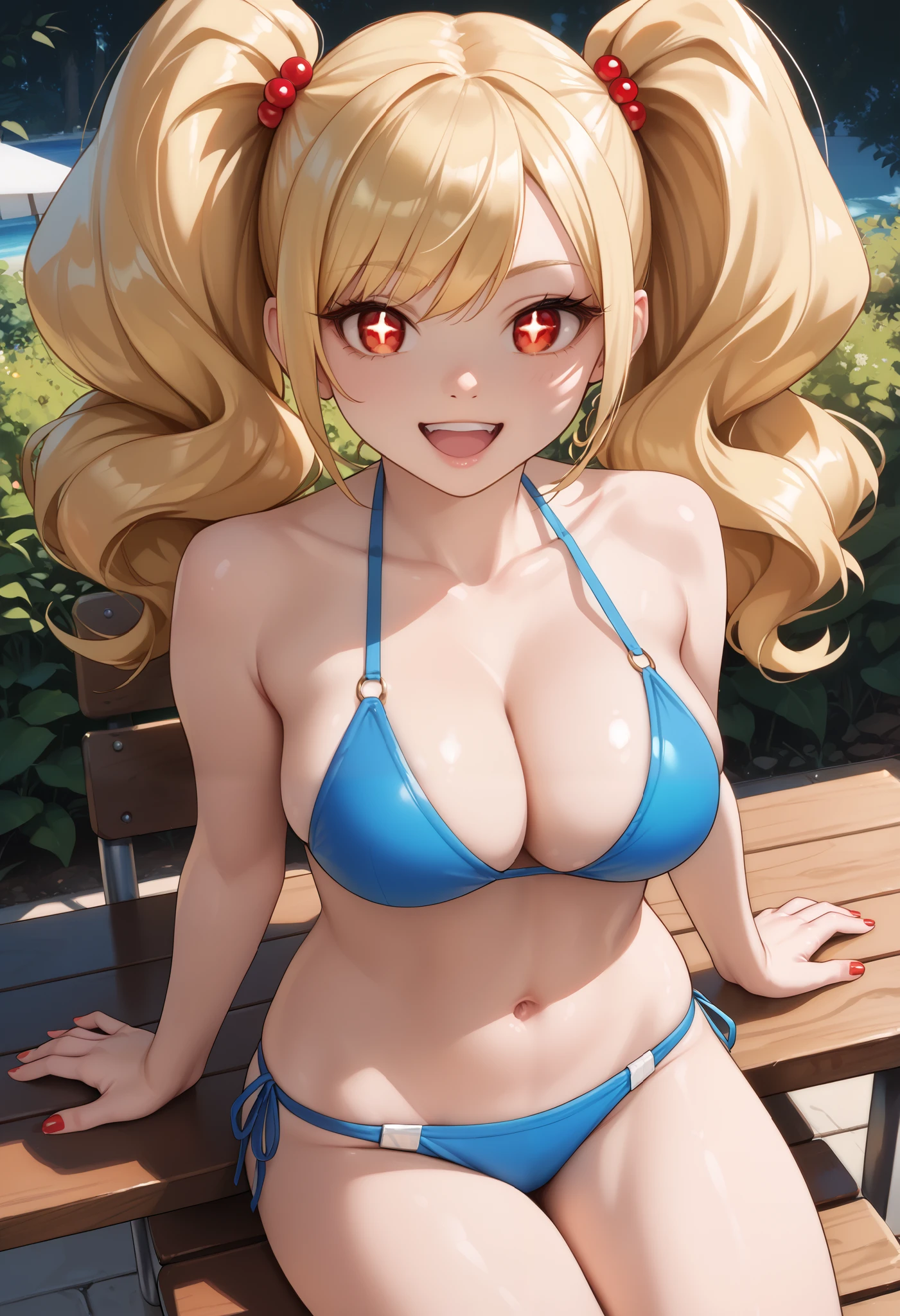 score_9_up, score_8_up, score_7_up, solo, source_anime, 1girl, super hero girl, +_+, bright pupils, detailed eyes BREAK 

Large breasts, Blonde hair, red eyes, twintails, big hair BREAK 

Blue bikini, navel BREAK 

Outdoors, summer resort, sitting on wooden chair, smile, looking at viewer, open mouth, wooden table BREAK 