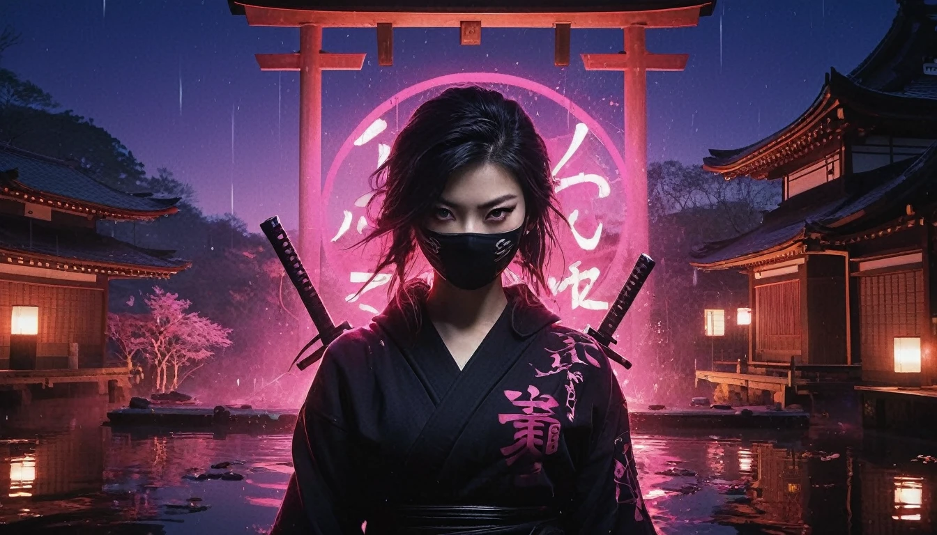 8k,masterpiece,best quality,when no one is around,a female ninja wearing a stylish and cute ninja hoodie maiko style showing off cleavage, with one eye covered with a black cloth like an eyepatch, stands alone, facing the viewer, holding a sword in one hand and a large, shining shuriken in the other. Behind her, a simple sign of a futuristic Japanese neon that shines in pink and purple is reflected in a Japanese SEKITEI pond. There is no one around.