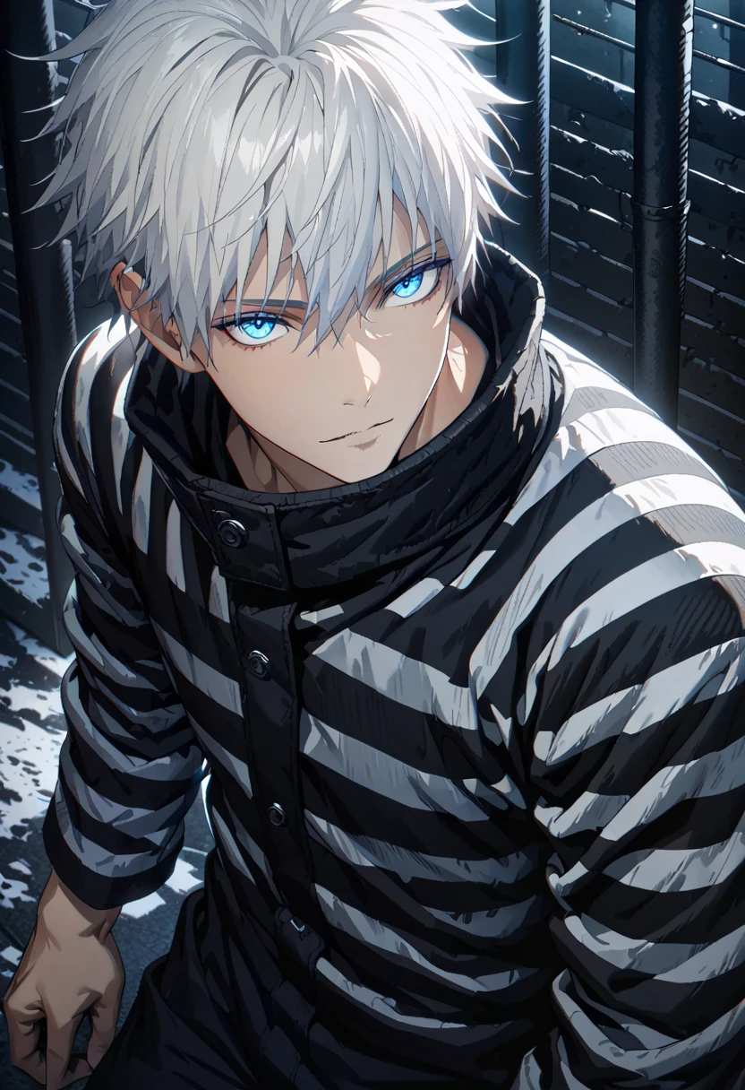 1.5, best quality, high quality, High definition, High quality texture, high detail, beautiful detailed, finely detailed, extremely detailed cg, detailed texture, 1man, boy, male, ((prison)), jumpsuit, white hair, icy blue eyes