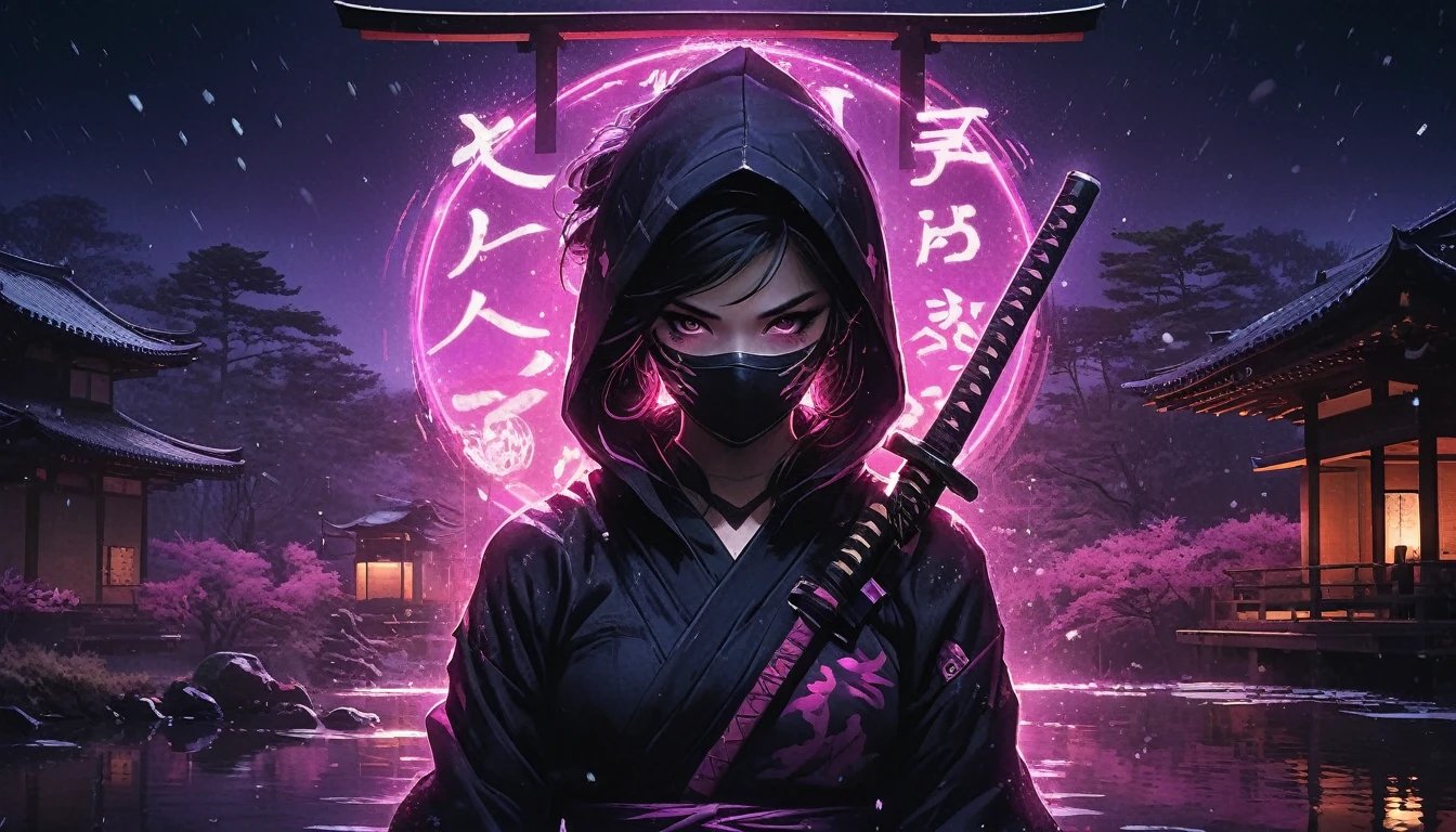 8k,masterpiece,best quality,when no one is around,a female ninja wearing a stylish and cute ninja hoodie maiko style showing off cleavage, with one eye covered with a black cloth like an eyepatch, stands alone with dark violet aura, facing the viewer, holding a sword in one hand and a large, shining shuriken in the other. Behind her, a simple sign of a futuristic Japanese neon that shines in pink and purple is reflected in a Japanese SEKITEI pond. There is no one around.