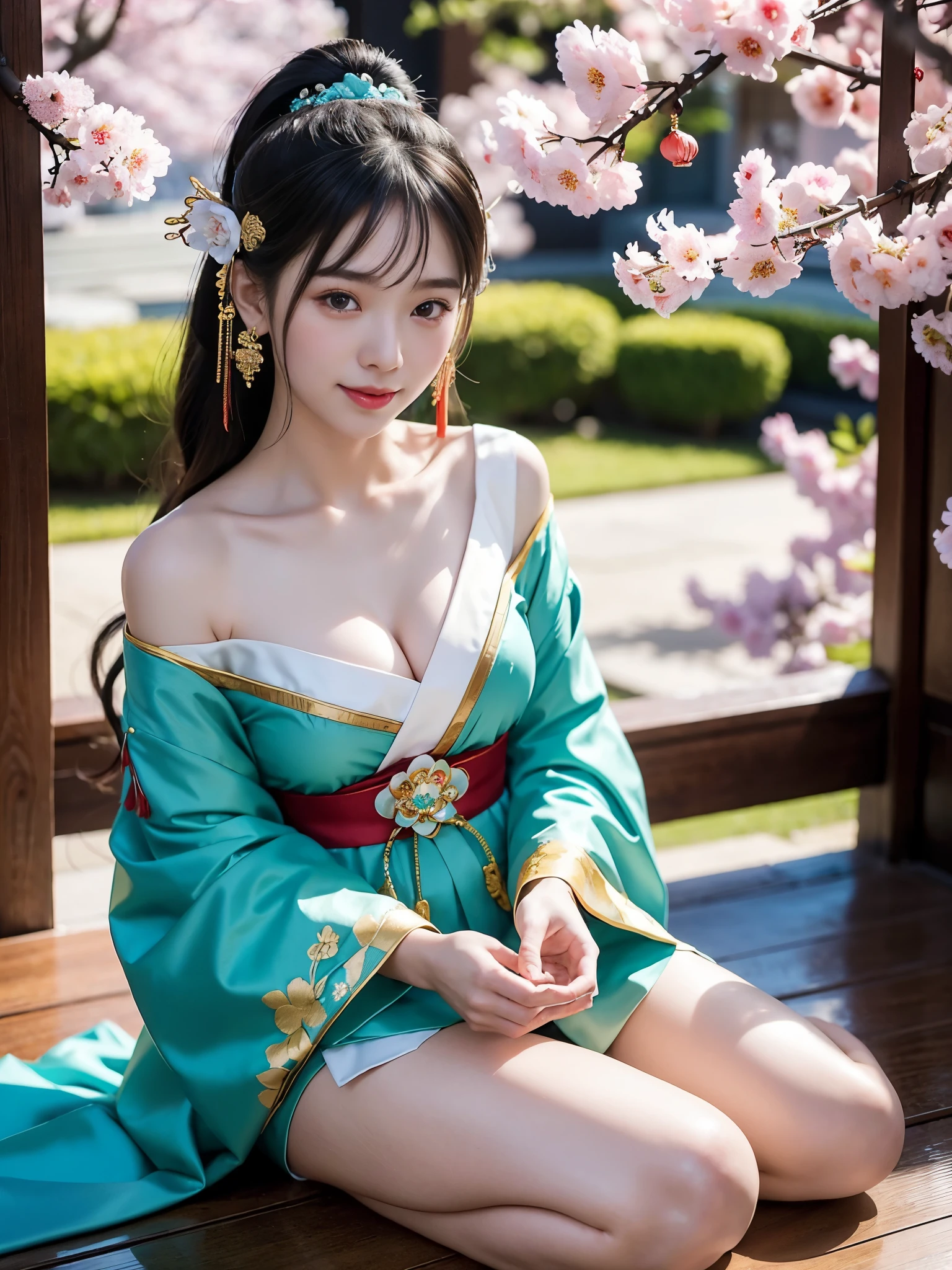 A girl , idol, detailed shrine maiden clothes, Full body shot, turquoise blue and gold shrine maiden clothes, Luxury shrine maiden clothes with detailed embroidery,  shoulders, long hair, wearing transparent , best quality, (hair ornament:1.35), jewelry, earrings, cherry blossoms, lantern light, depth of field, detailed face, face focus, ribbon_trim, (looking at viewer:1.25), nontraditional miko, shiny skin, long sleeves, Beautiful firm cleavage, beautiful clavicle. big smile , thick lips, (blurry background:1.2), sitting, from below, Chinese style