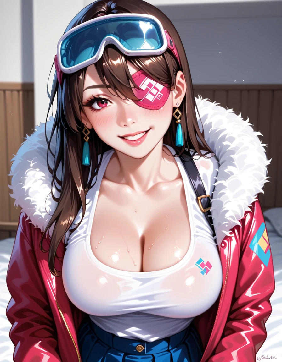 masterpiece, best quality, 32k, high resolution, absurdres, medium breasts, (curvy), cute, eyelashes, vivid colors, BREAK ,,, zzBeidou, eyepatch, red eyes, long hair, brown hair, hair ornament, hair over one eye, large breasts, tiny woman, small woman , petite, short body, skinny, cute girl, pretty girl, innocent girl, snowbunnies, ski resort mountaintop, instagram model, fur trim, jacket, next to snowboard, ski goggles on head, detailed face, perfect makeup, long eyelashes, skirt, fit body, smile, shy, looking at viewer, high angle, sinozick, 