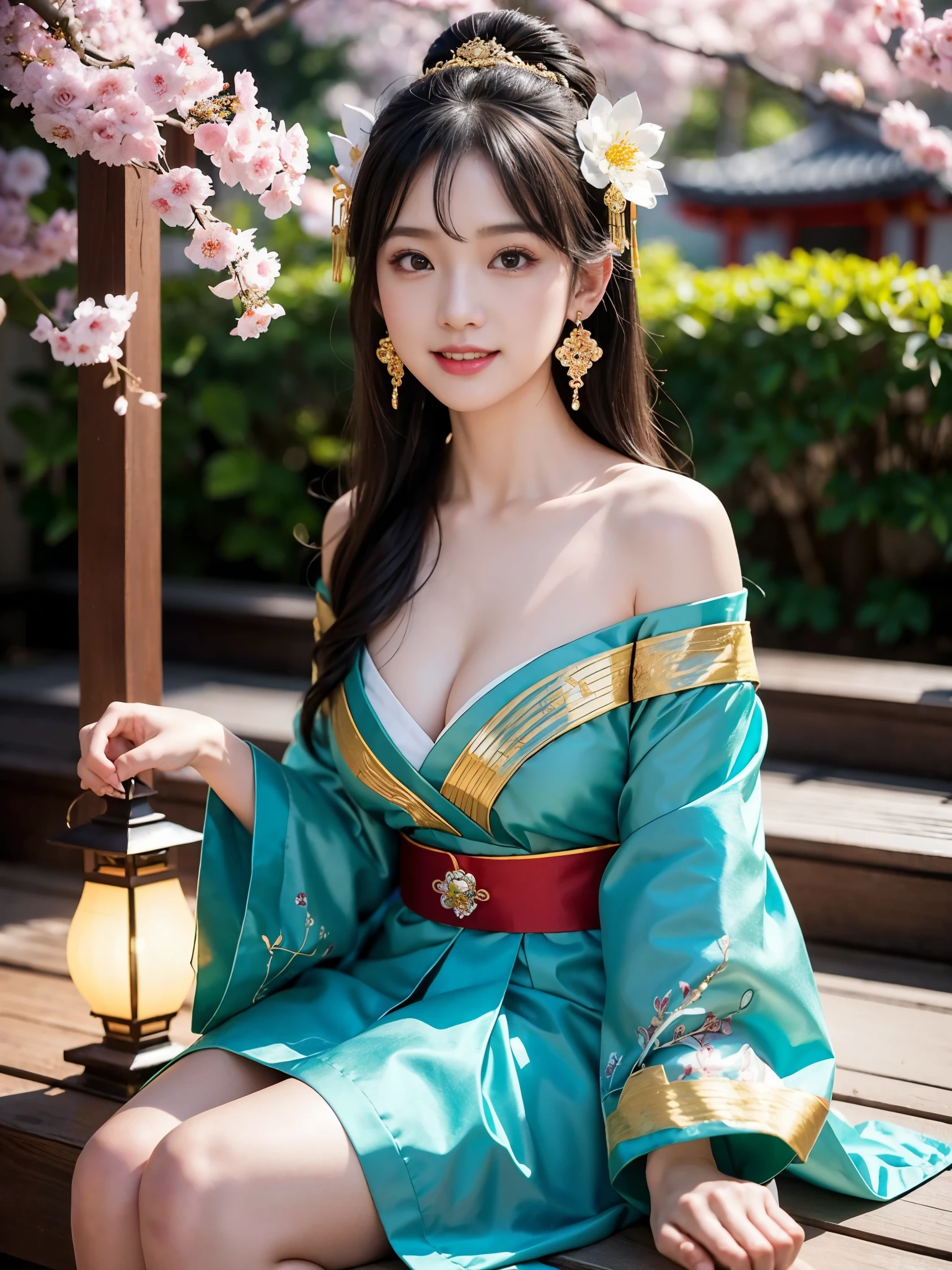 A girl , idol, detailed shrine maiden clothes, Full body shot, turquoise blue and gold shrine maiden clothes, Luxury shrine maiden clothes with detailed embroidery,  shoulders, long hair, wearing transparent , best quality, (hair ornament:1.35), jewelry, earrings, cherry blossoms, lantern light, depth of field, detailed face, face focus, ribbon_trim, (looking at viewer:1.25), nontraditional miko, shiny skin, long sleeves, Beautiful firm cleavage, beautiful clavicle. big smile , thick lips, (blurry background:1.2), sitting, from below, Chinese style