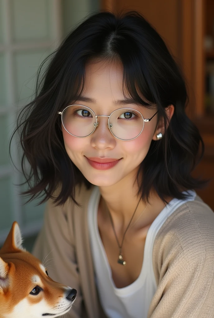 Short hair, outdoors, fair skin, messy hair, open mouth, Japanese woman, So cute, Soft and Face, Brown Hair, 8k解像度, Ultra-realistic, Super Definition, Soft Body Tight Ass Night, A cup small ((Highest resolution, 8k, masterpiece: 1.3)), Super Definition Face, Super Definition Lips, Beautiful Eyes, double eyelid、((Glasses、Upper body naked、Nipples))、smile、