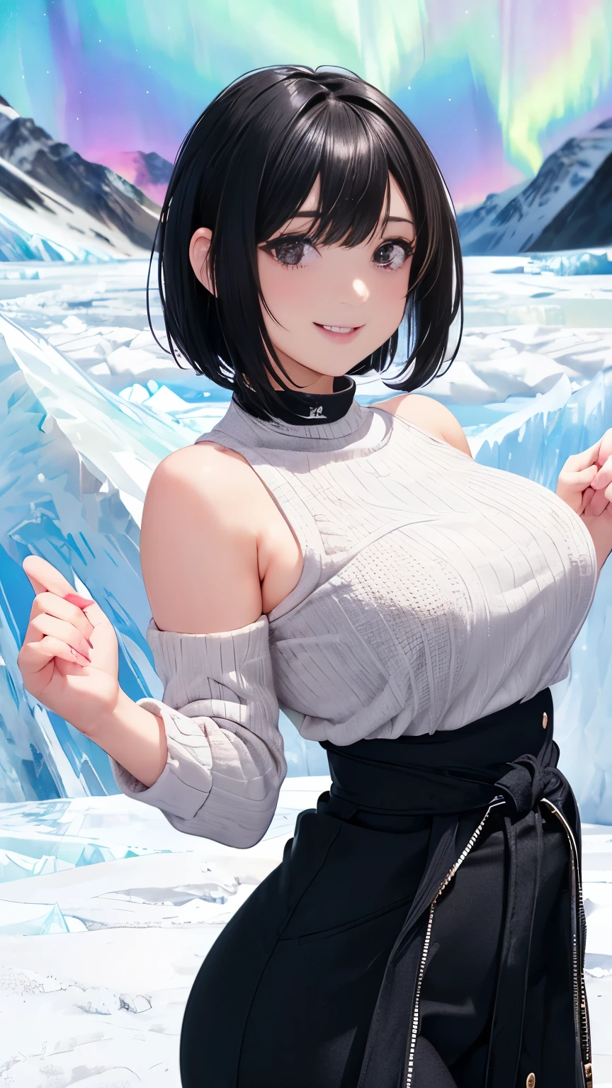 (Aurora Over the Glacier:1.5), (Beautiful girl busty gravure idol wearing winter clothes:1.3), (black hair color:1.5), (short hairstyle:1.5), (constricted waist:1.3), (full bodyesbian:1.3), (Smiling:1.3)