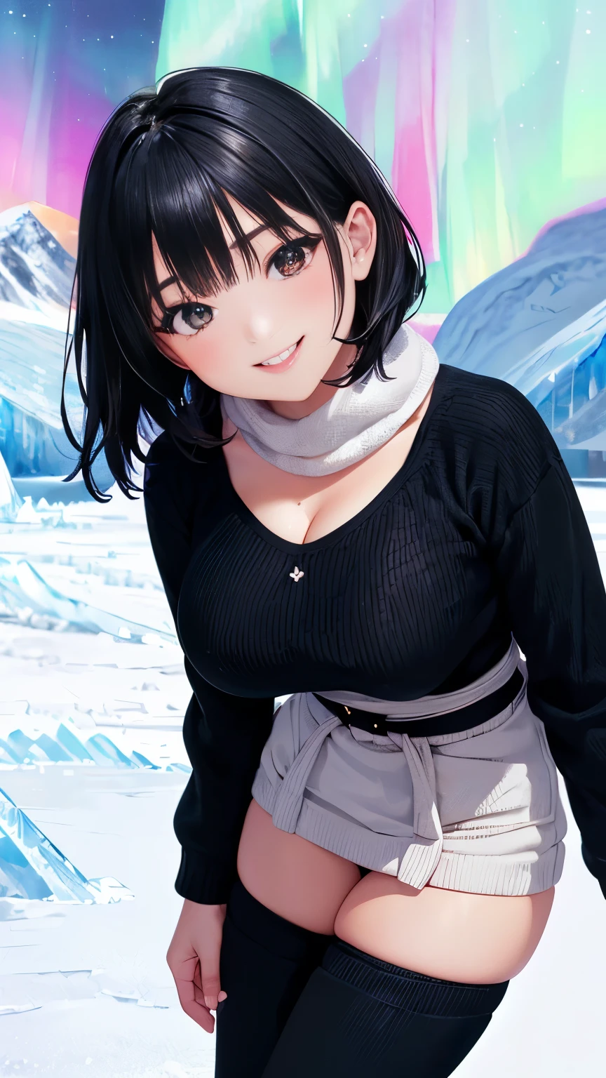 (Aurora Over the Glacier:1.5), (Beautiful girl busty gravure idol wearing winter clothes:1.3), (black hair color:1.5), (short hairstyle:1.5), (constricted waist:1.3), (full bodyesbian:1.3), (Smiling:1.3)