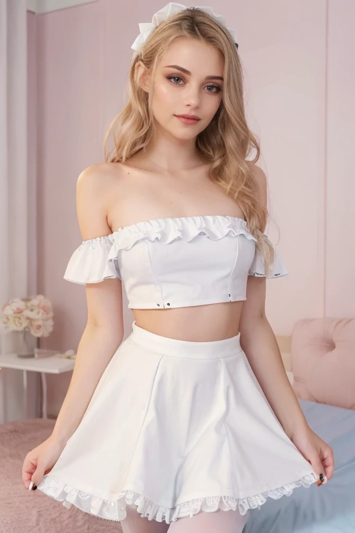 a gorgeous woman, age 18 athletic body type, seducing gaze, blue eyes, goth makeup,  wearing a frilly white ****ta dress, sissy, high petticoat skirt, bow in her hair, bow in her hair, white stockings, dressed in a sexy white maid outfit Caucasian skin, long straight platinum light blonde hair ((shoulder length)), hair stylized wavy fresh out of the salon, slight bulge, class room background, legs spread open, missionary position, on the bed, flat chest, perky small breasts, standing hands on her waist, perfect eyes, perfect hands, perfect body, perfect hair, perfect breasts, UHD, retina, masterpiece, accurate, anatomically correct, textured skin, super detail, high details, high quality, award winning, best quality, highres, 16k, 8k, (full bodyshot:1.1), (full length photo:1.15),
