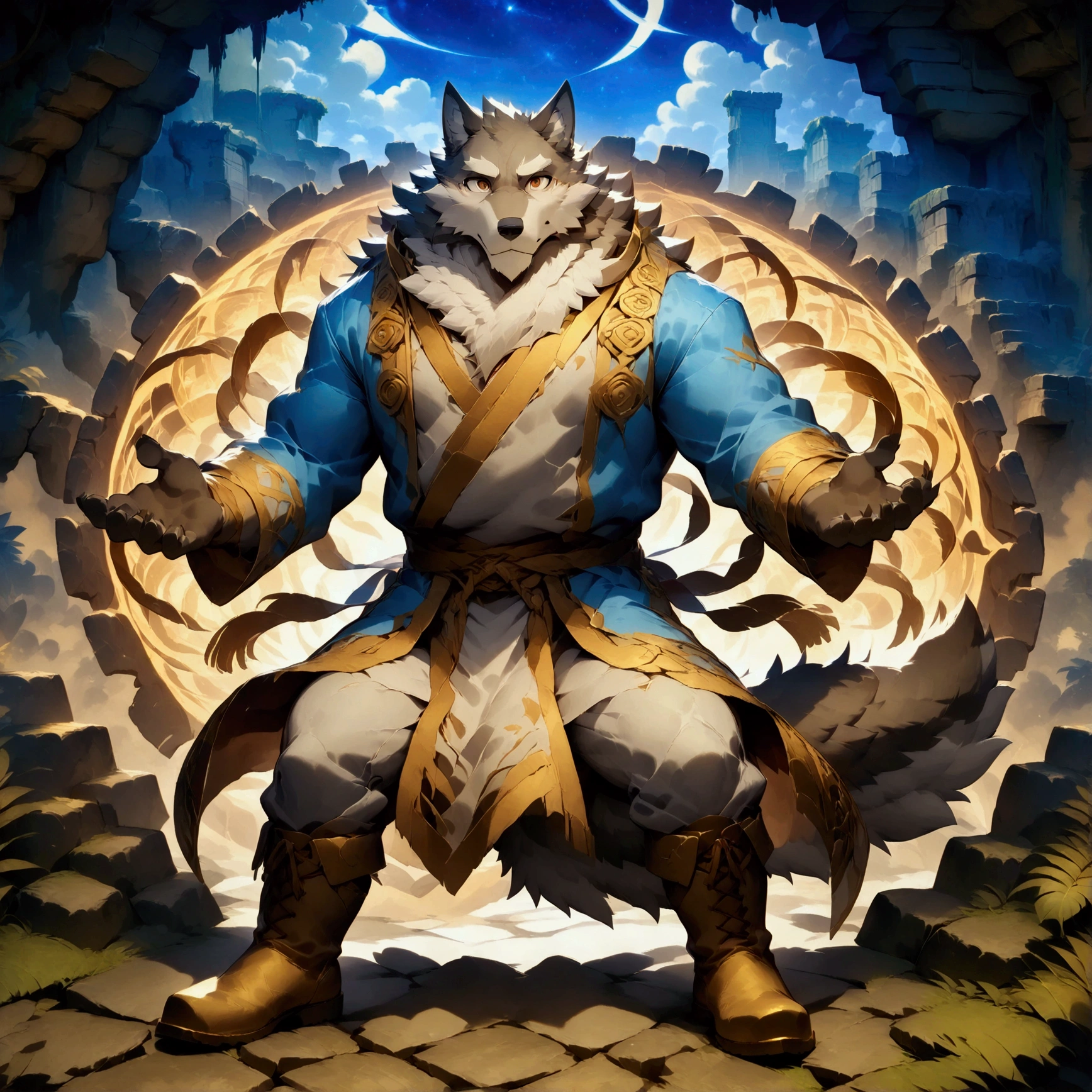 character focus, full body, looking away, dynamic angle, summoner, a middle-aged wolf man, magical costume clothes, jacket, shirt, pants, boots, setup magic whip summoning salamander, dynamic pose, BREAK full body in Michelangelo Buonarroti style, housamo style, digital illustration anime, detailed painting landscape, starry sky, jungle ruins, outdoor, full color, HDR, BREAK complete anatomy, perfect proportions, beautiful thigh gap, fluffy body, intricate fur details, beautiful fur texture, BREAK a detailed wolf 1tail, detailed boots, detailed foot, detailed hands, 5fingers, 5fingers nails, BREAK aesthetic anime face, insanity detailed face, male face, big face, square jawline, aesthetic anime eyes, detailed brown eyes, detailed brown cornea, detailed dark brown irises, detailed pupils, male eyes, big eyes, male eyebrows, innocent look, beautiful beard, BREAK masterpiece, official art, best quality, very aesthetic, absurdres, super fine illustration, great quality, BREAK noise reduction, very highres, large filesize, high quality, 32K, 8k wallpaper, dynamic lighting, BREAK insanity detailed, ultra detailed, intricate details, extremely detailed, detailed texture, an extremely delicate and beautiful, BREAK e621 illustration, osukemo, kemohomo, anthropomorphic, furry, cartoon, harmonious, pastoral face, virtuous eyes, epic atmosphere