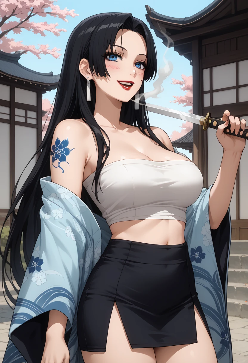 sawaragishihoexp, black hair, long hair, blue eyes, long hair, earrings, red lips, large breasts, ear piercing, long hair, blush, lipstick,Hot girl, baddie, smoking, sensual, attractive ,masterpiece, best quality, highly detailed, a anime girl in kimono dress ,holding sword, bare shoulder,open kimono, evil smile, open mouth, crop top , (nsfw) not safe for work, smile, ecchi anime style, anime girls, ecchi style, ecchi, digital anime art!!, in anime style, official artwork, visual novel cg, beautiful anime girl, anime style 4 k, kimono pencil skirt, exposed belly, exposed navel, exposed midriff, exposed lower belly, outdoor, japanese architecture, tattoo, flower tattoo, dragon tattoo,