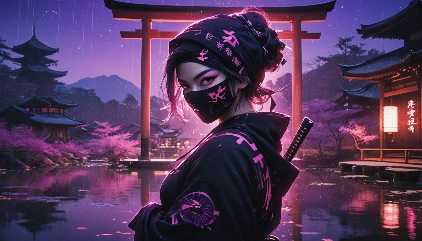 8k,masterpiece,best quality,when no one is around,a female ninja wearing a stylish and cute ninja hoodie maiko style showing off cleavage, with one eye covered with a black cloth like an eyepatch, stands alone with dark violet aura, facing the viewer, holding a sword in one hand and a large, shining shuriken in the other. Behind her, a simple sign of a futuristic Japanese neon that shines in pink and purple is reflected in a Japanese SEKITEI pond. There is no one around