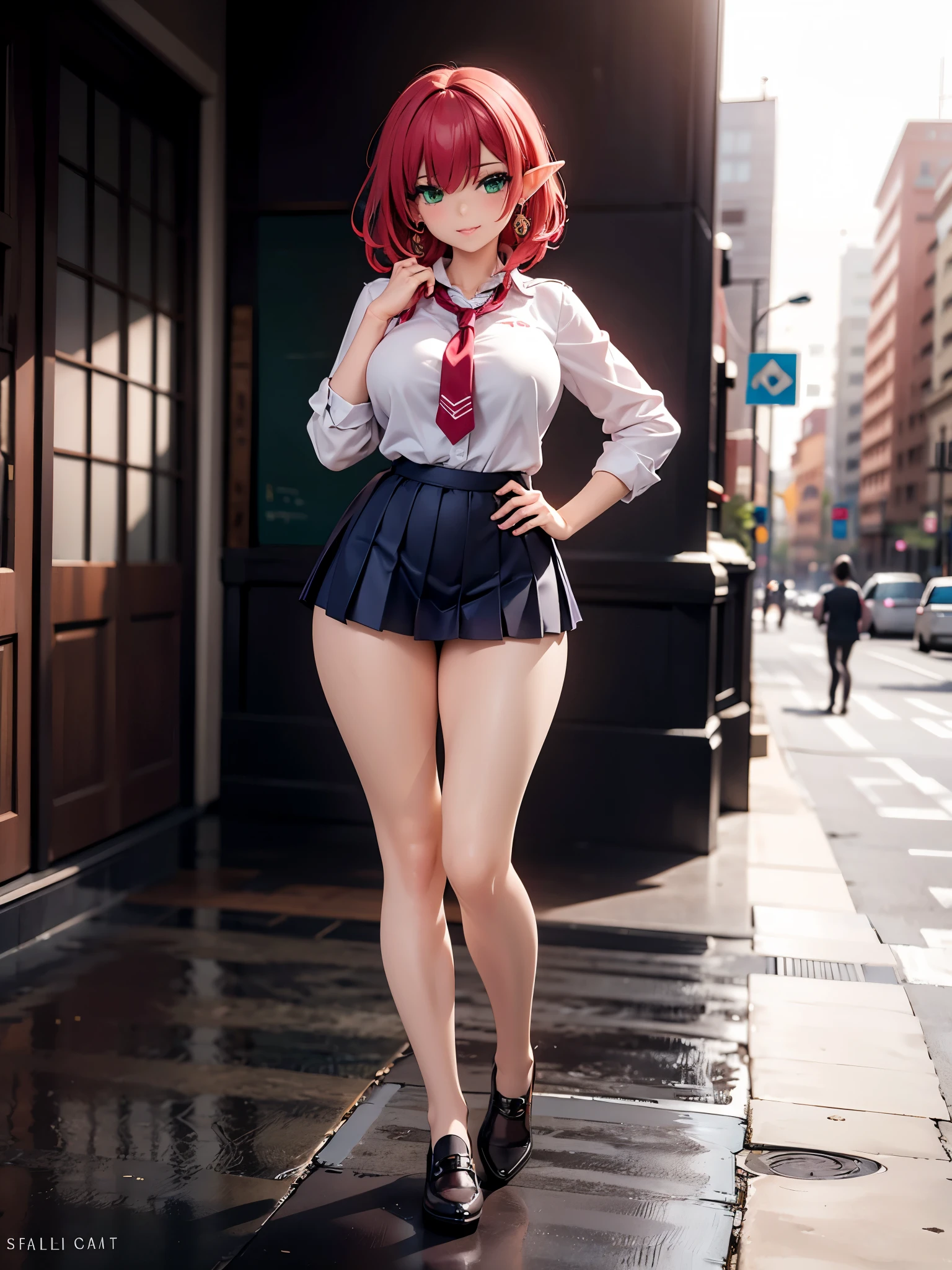 Realistic and detailed image of an elf girl. Dressed in school uniform and pleated torn mini skirt. Scarlet red hair, long, silky and unusually shiny. Green eyes. Wears earrings and long eyelashes. She has full lips. Large breasts, slim waist, very wide hips and thick thighs. Sensual smile, wink of eye. Back arched. urban landscape. sunny day, full body view.