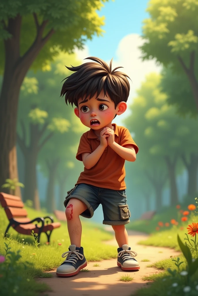 A Chinese boy about .,The normal body type is slightly thinner.,He wears a light blue short-sleeved shirt.,Light blue shorts,Playing in the park,incontinence,Urine soaked his shorts.,Runs by his legs to the ground。