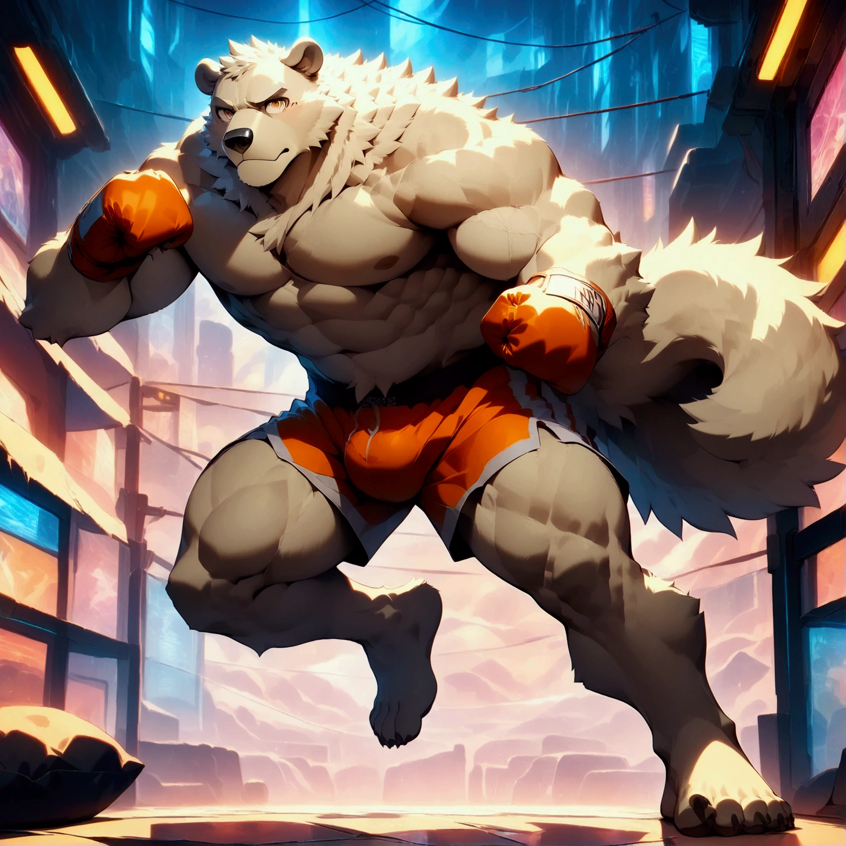 character focus, full body, looking away, dynamic angle, cyberpunk, boxer, middle-aged polar bear man, full body in Michelangelo Buonarroti style, housamo style, digital illustration anime, BREAK complete anatomy, perfect proportions, beautiful thigh gap, fluffy body, intricate fur details, beautiful fur texture, BREAK (a detailed polar bear 1tail), detailed toe, 5toes, 5toes nails, beautiful foot, BREAK detailed hands, 5fingers, 5fingers nails, BREAK intense face, anime face, insanity detailed face, male face, big face, strong jawline, aesthetic anime eyes, detailed brown eyes, detailed brown cornea, detailed dark brown irises, detailed pupils, male eyes, big eyes, male eyebrows, innocent look, beautiful beard, BREAK costume, headgear, sandbag, perfect composition, boxing, quantum electromagnetic life form spinning punch, dynamic pose, detailed painting landscape, morning, quantum electromagnetic life form atmosphere avant-garde gym, indoor, full color, HDR, BREAK masterpiece, official art, best quality, very aesthetic, absurdres, super fine illustration, great quality, BREAK noise reduction, very highres, large filesize, high quality, 32K, 8k wallpaper, dynamic lighting, BREAK insanity detailed, ultra detailed, intricate details, extremely detailed, detailed texture, an extremely delicate and beautiful, BREAK e621 illustration, osukemo, kemohomo, anthropomorphic, furry, cartoon, harmonious body, pastoral face, virtuous eyes, cyberpunk atmosphere