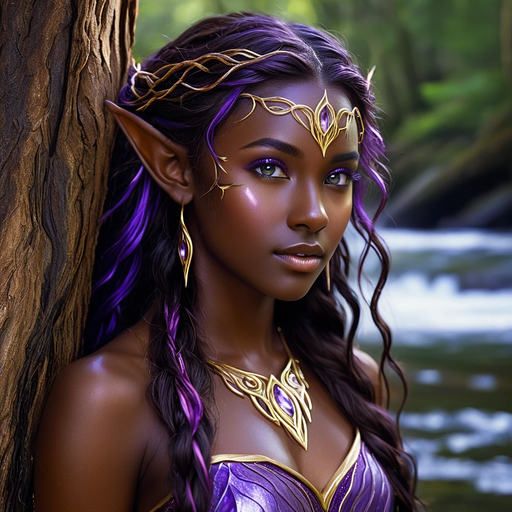 (:1.3) photo of a subtle smile, beautiful 25 years old (Alabama elf woman with blue eyes and dark skin:1.3), long flow (mahogany hair:1.3). she is young, Athletic with (medium breasts:1.3), faerie (elven ears:1.5), (asas de faerie:1.5), (cloused mouth:1.3), (Small, symmetrical nose:1.3), big gorgeous eyes, fleshy lips, arched eyebrows, (perfect hands), Glossy lips, eyeliner, ombre. She is wearing a teal gauze skirt and a crop top., (gold choker, aretes, and bracelets), (high-heels). She is standing, leaning against a tree in a (magical enchanted:1.3) forst, moss and flowers in the background. (Magical faerie fantasy style:1.5). out, Afternoon, sunshine light, cinematic lighting, swirly vibrant colors, Detailed texture skin, detailed cloth texture, beautifull detailed face, Crisp and intricate details, ultra high resolution.