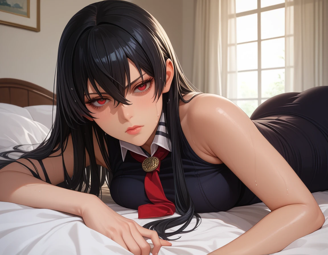 AKAME ,BLACK HAIR,RED EYES,LONG HAIR,LINGERE,STOCKING,MODEL OF MAGAZINE,COVER MAGAZINE,TOP MODEL , serious deep eyes, wet, inside a bedroom, laying on a bed, ,Score_9, Score_8_up, Score_7_up, Score_6_up, Score_5_up, Score_4_up, Source_anime, Tag1, Tag2, Quality_masterpiece, Anatomically correct, Beautiful face, Perfect face, Highly detailed beautiful face and eyes, Attractive face, Detailed face, Delicate facial features, Detailed skin, medium breasts, Wide hips, medium butt, big butt, Thick thighs, Sensual woman, Mature female, Milf, Motherly, Seductive, 