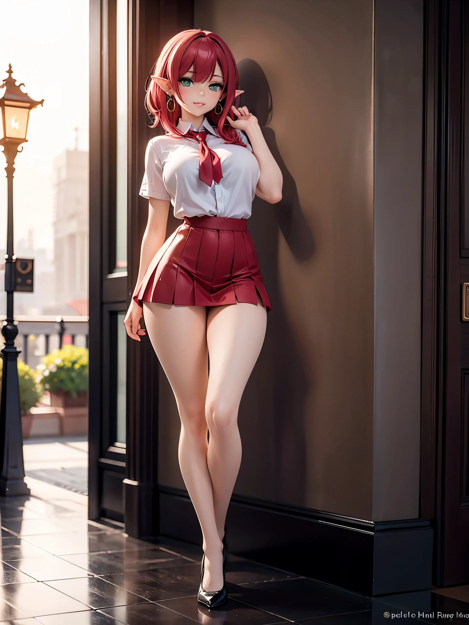 Realistic and detailed image of an elf girl. Dressed in school uniform and pleated torn mini skirt. Scarlet red hair, long, silky and unusually shiny. Green eyes. Wears earrings and long eyelashes. She has full lips. Large breasts, slim waist, very wide hips and thick thighs. Sensual smile, wink of eye. Back arched. urban landscape. sunny day, full body view.