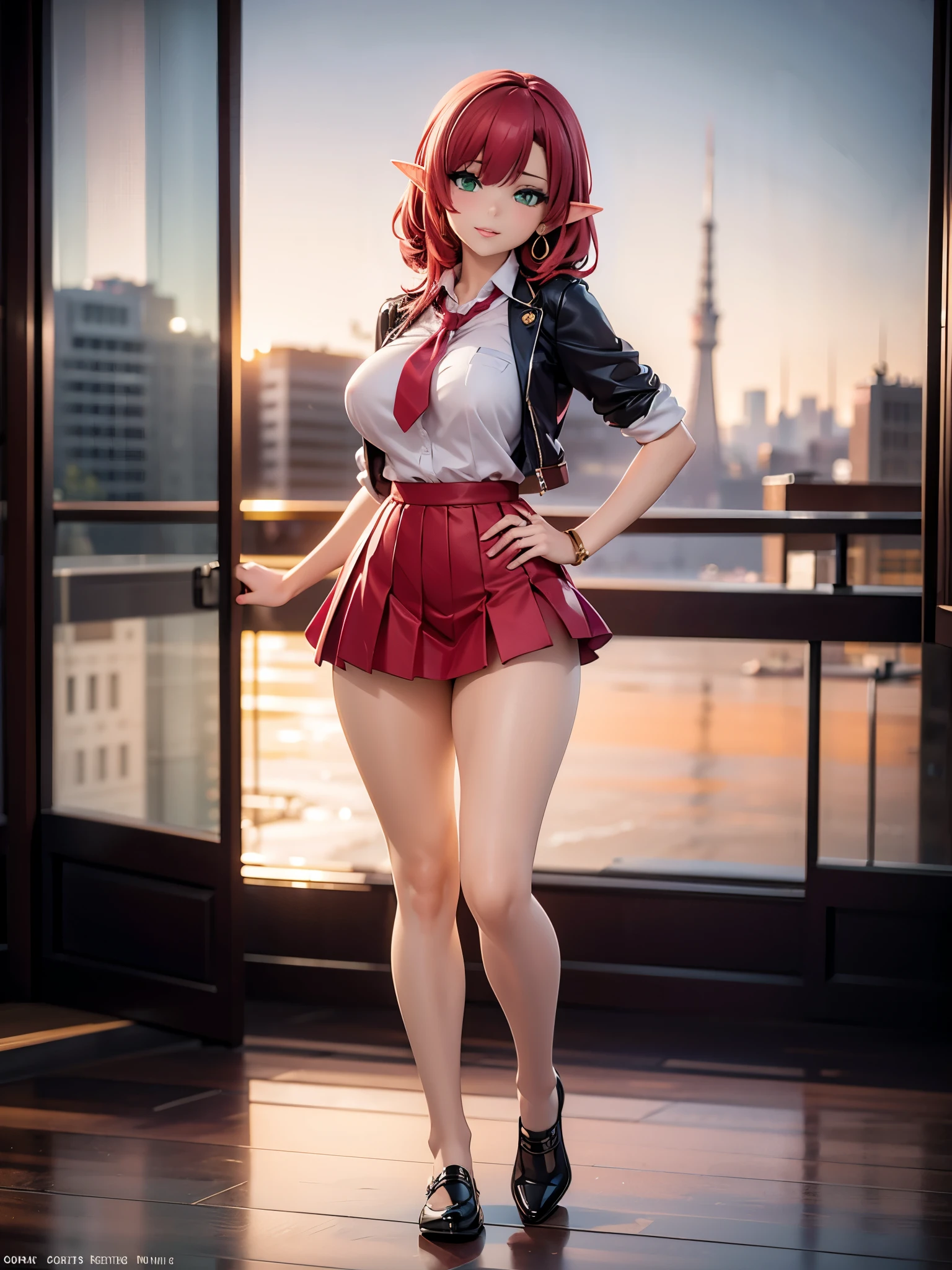 Realistic and detailed image of an elf girl. Dressed in school uniform and pleated torn mini skirt. Scarlet red hair, long, silky and unusually shiny. Green eyes. Wears earrings and long eyelashes. She has full lips. Large breasts, slim waist, very wide hips and thick thighs. Sensual smile, wink of eye. Back arched. urban landscape. sunny day, full body view.