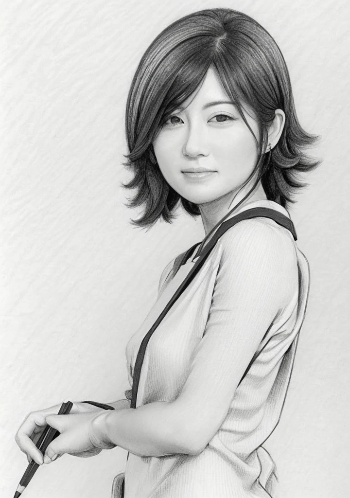 (a monochrome pencil-style drawing:1.5), a Japanese woman, 40 years old, various hair style, upper-body