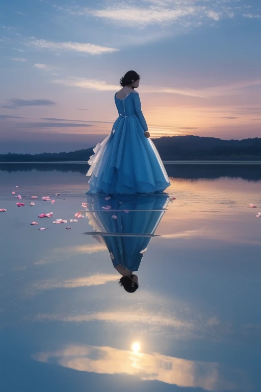 ltra-detailed, high definition, best quality,masterpiece,Illustration,Realistic,
mirror of the null, reflection, different reflection, 
flower, null, cloud, dusk, Outdoor, water, blue null,  profile, wind, petals, falling  petals, sunset, 
 