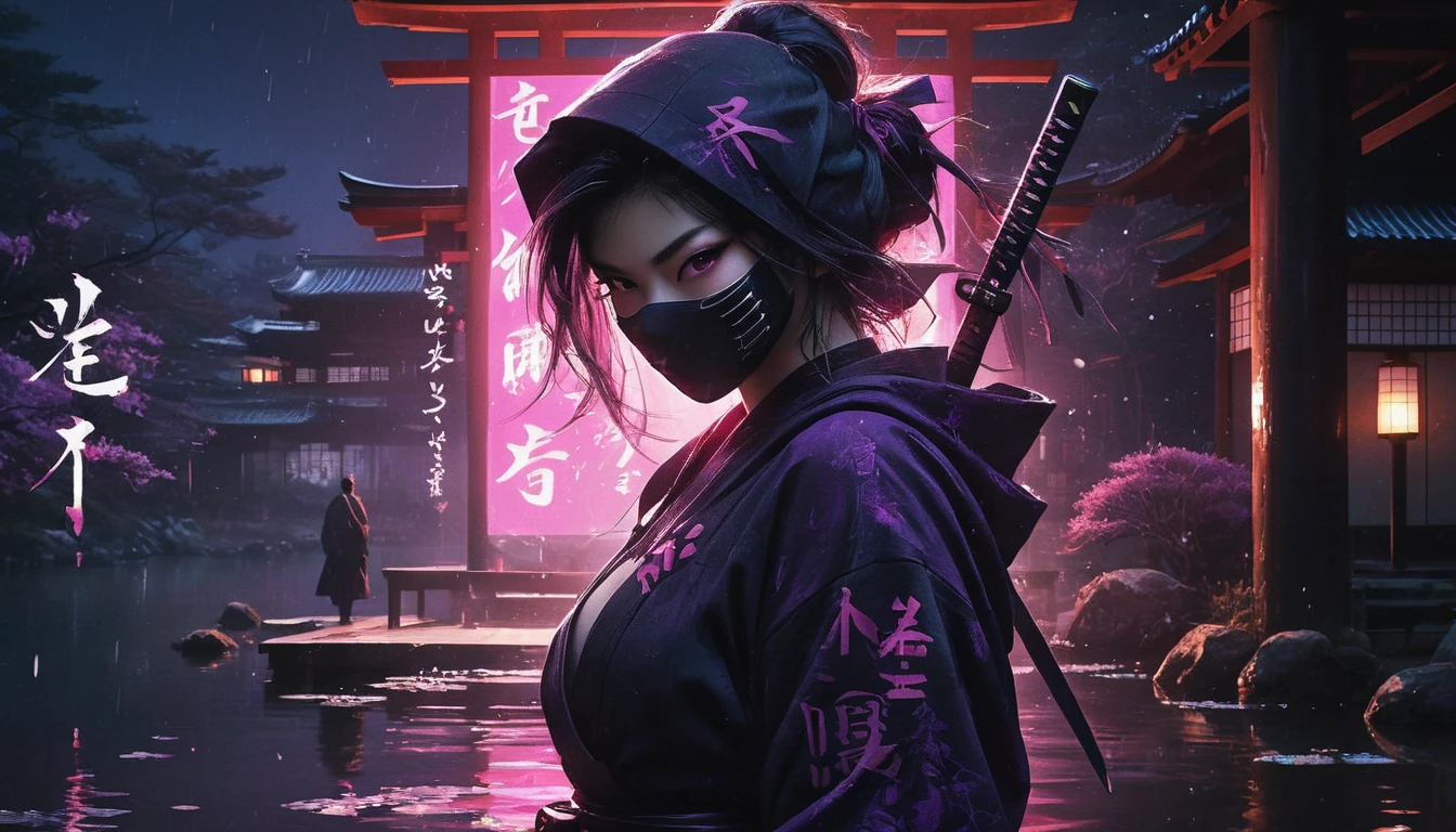 8k,masterpiece,best quality,when no one is around,a female ninja wearing a stylish and cute ninja hoodie maiko style showing off cleavage, with one eye covered with a black cloth like an eyepatch, stands alone with dark violet aura, facing the viewer in sexy poze, holding a sword in one hand and a large, shining shuriken in the other. Behind her, a simple sign of a futuristic Japanese neon that shines in pink and purple is reflected in a Japanese SEKITEI pond. There is no one around