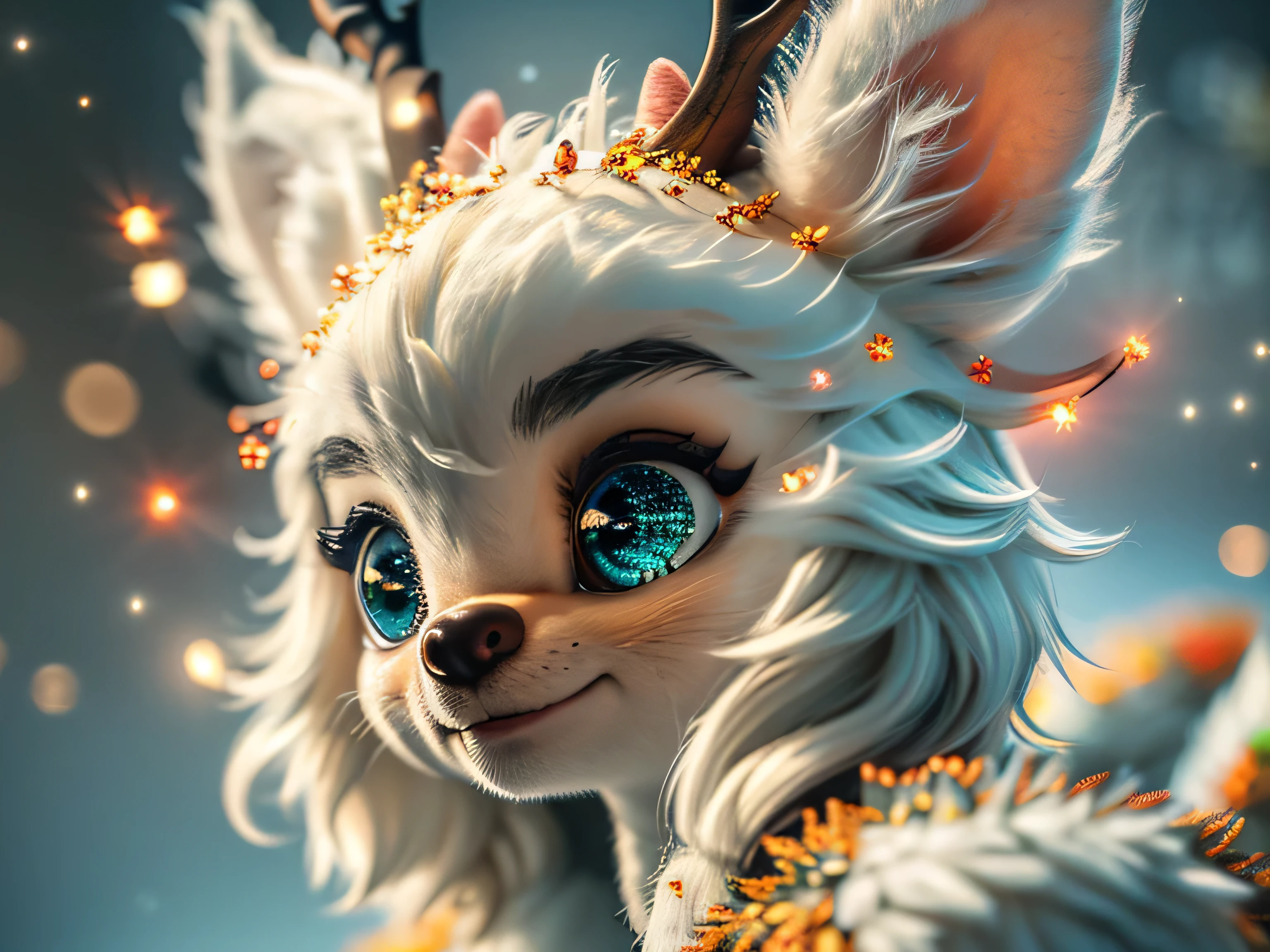 Magical Fantasy Creature, (Best Quality, Masterpiece, Representative Work, Official Art, Professional, Super Detailed, 8k:1.3), (Photorealism:1.2) Super Cute, Big Eyes, Soft, Soft Nose, Fluffy, Double-Toothed Smile, Aurorastyle, Highly detailed Dynamic shot of majestic adorable baby reindeer, high quality, beautiful masterpiece, fantasy creature, kawaii, digital art, glowing sparkles, Realistic, Beautiful, Stars in Eyes, Soft Volumetric Light, (Backlight:1.3), (Cinematic:1.2), Intricate Details, (ArtStation:1.3), --auto --s2