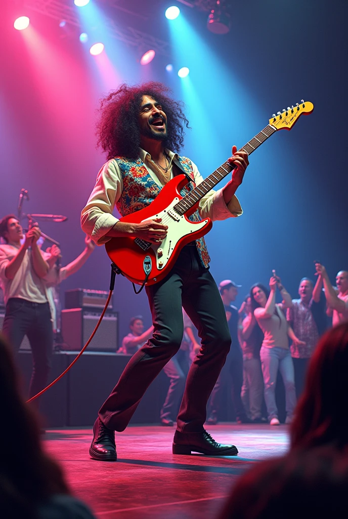 An electrified Indian rocker wearing a headdress, suit and tie