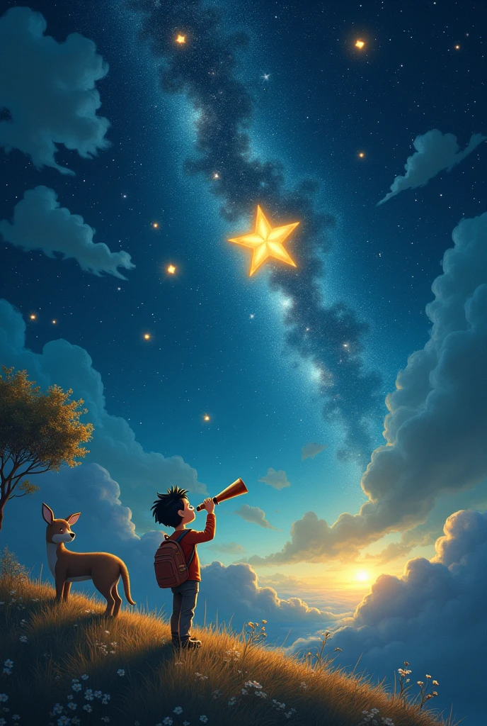  The Adventure of Leo and the Lost Star is a story that tells how a boy named Leo Help a star called Luma,  that she feels alone and lost in the sky . One night,  Leo discovers Luma through a telescope and ,  when she sees that she is sad , decide to help her .  Together they create a star map to guide her back to her place in the sky . Finally,  Luma finds her home and joins other stars ,  forming a new constellation . Leo,  happy to have helped ,  looks at the sky with a smile ,  knowing that she did a good thing . Give me 4 related images