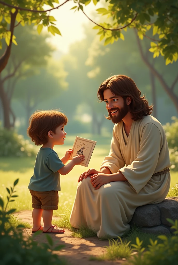 Jesus trying to pamper a boy who is crying in the park sitting on the bench