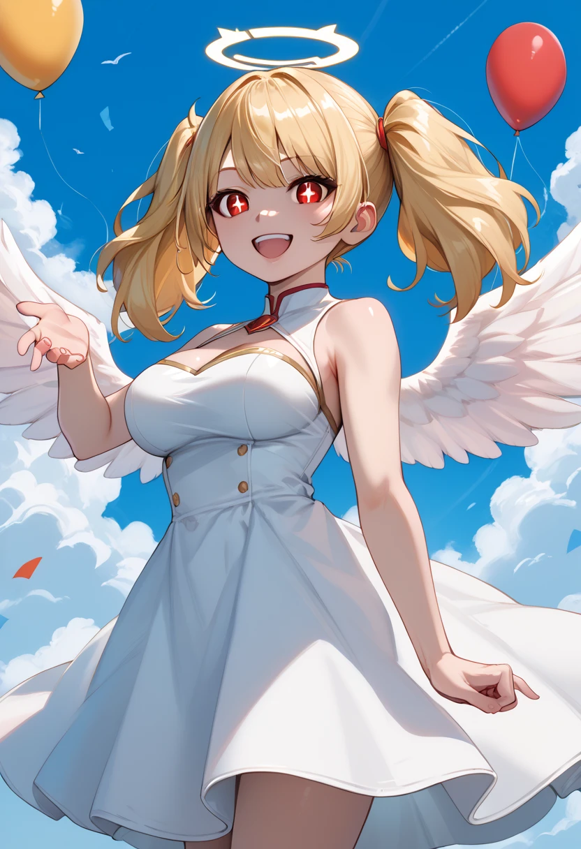 score_9_up, score_8_up, score_7_up, solo, source_anime, 1girl, super hero girl, +_+, bright pupils, detailed eyes BREAK 

Large breasts, Blonde hair, red eyes, twintails, big hair BREAK 

White dress, feathered wings, angel wings, halo BREAK 

Open mouth, smile, looking at viewer, standing, outdoors, background sky, cloudy sky, blue sky, balloons, outstreched arms, reaching to viewer BREAK 