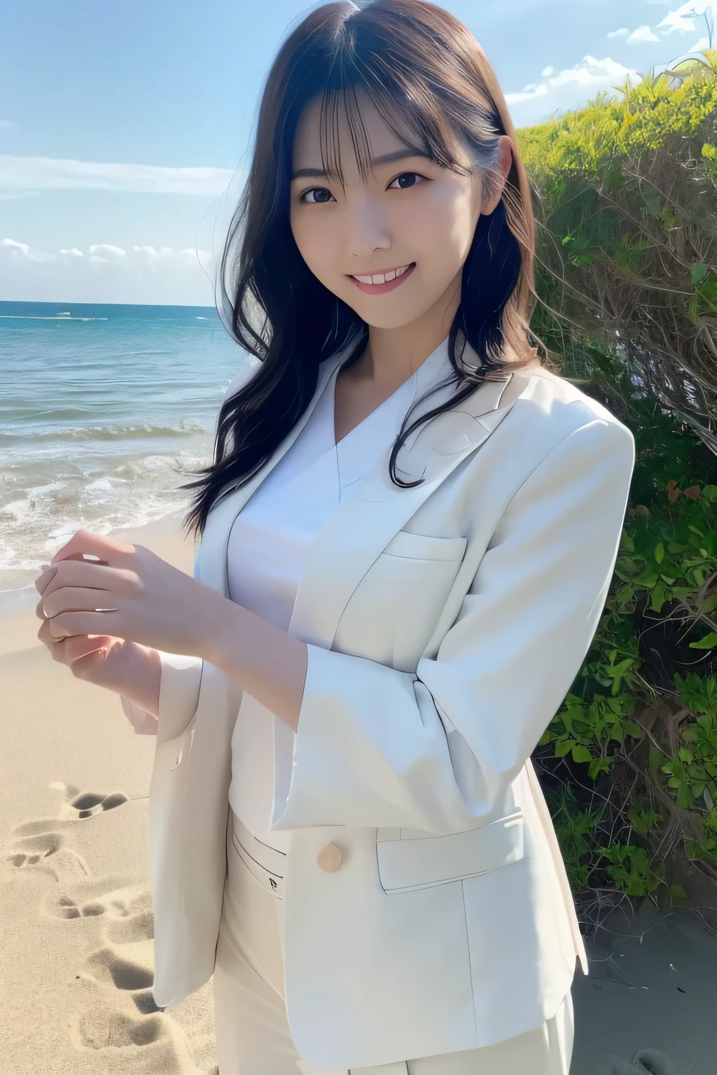 Seaside Office、Summer Sea、Summer sky、 sandy beach、Water's Edge、I'm operating a laptop、
((photograph、Japanese beauty's hair 、1Beautiful Japanese Girls、 Japanese idol 、 white skin 、 Gentle Smile 、Very cute、 long wavy hair 、 woman in a business suit ))