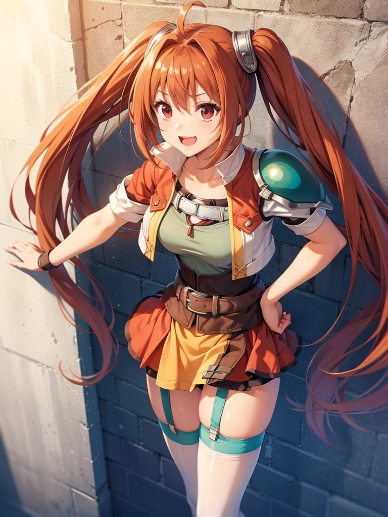 (masutepiece, Best Quality, hight resolution, nffsw, Perfect Pixel, depth of fields, 4K), Beautiful anime girl, Perfect body ,,,scEstelle, cropped jacket, green shoulder pad, tan shirt, orange skirt, belt, white thighhighs,(((wearing sexy garter belt))), (stand against the wall:1.4) , smile , open the mouth, upper body, from above