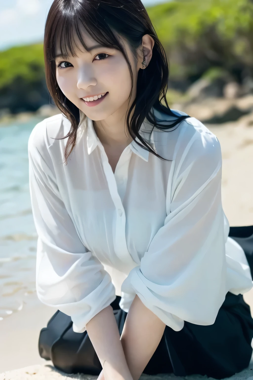 Seaside Office、Summer Sea、Summer sky、 sandy beach、Water's Edge、I'm operating a laptop、
((photograph、Japanese beauty's hair 、1Beautiful Japanese Girls、 Japanese idol 、 white skin 、 Gentle Smile 、Very cute、 long wavy hair 、 white blouse 、 black business suit))