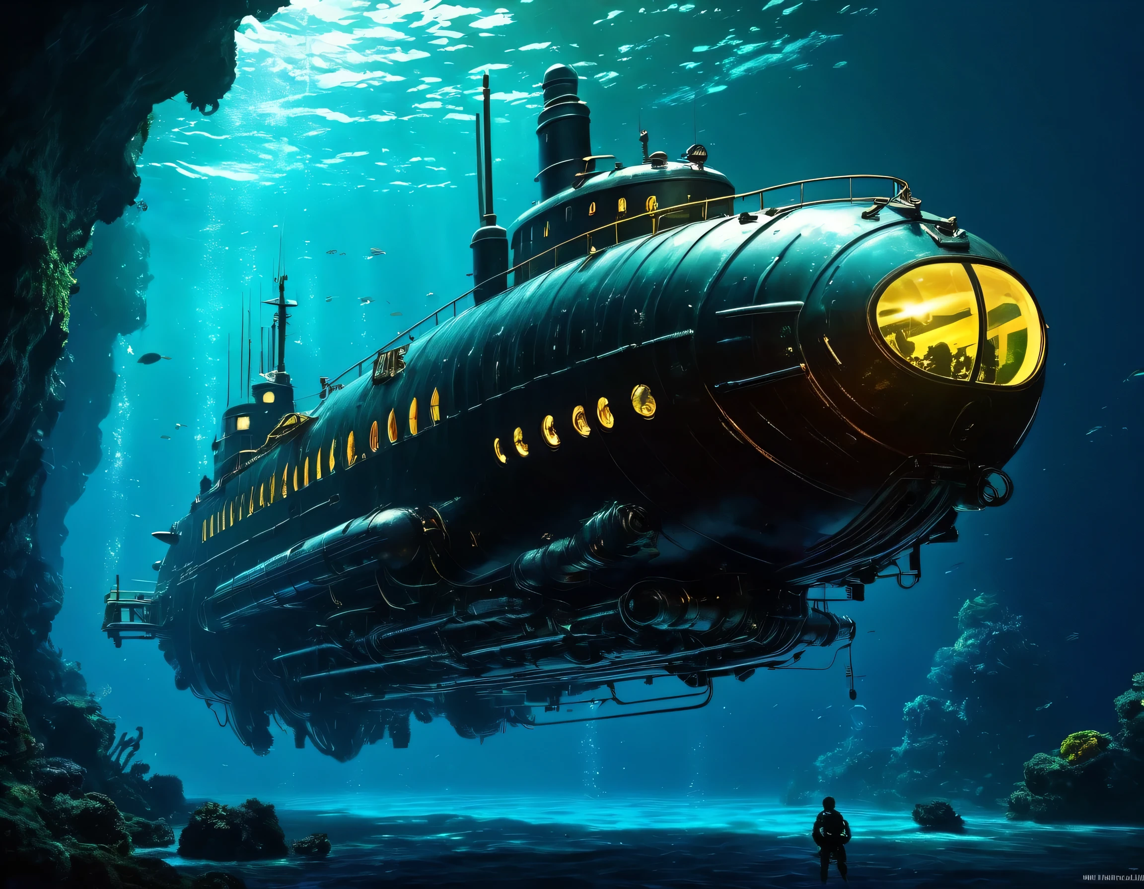  imitating the styles of Benedict Bana and Studio Ghibli ,  submarine ,  cinematic appeal ,  resembles a scene from Steven Spielberg's epic film {x}} immersed in the shining neon depths of the ocean abyss,  intricate ,  hyperdetailed ,  32k , Рендеринг Octane, , the Nautilus submarine from the era of Captain Nemo ,  colors stand out vividly against the inky Black Sea ,  sharp focus ,  emphasizing the , a monumental masterpiece , bright colors,  surround lighting ,  painted in alcohol ink .