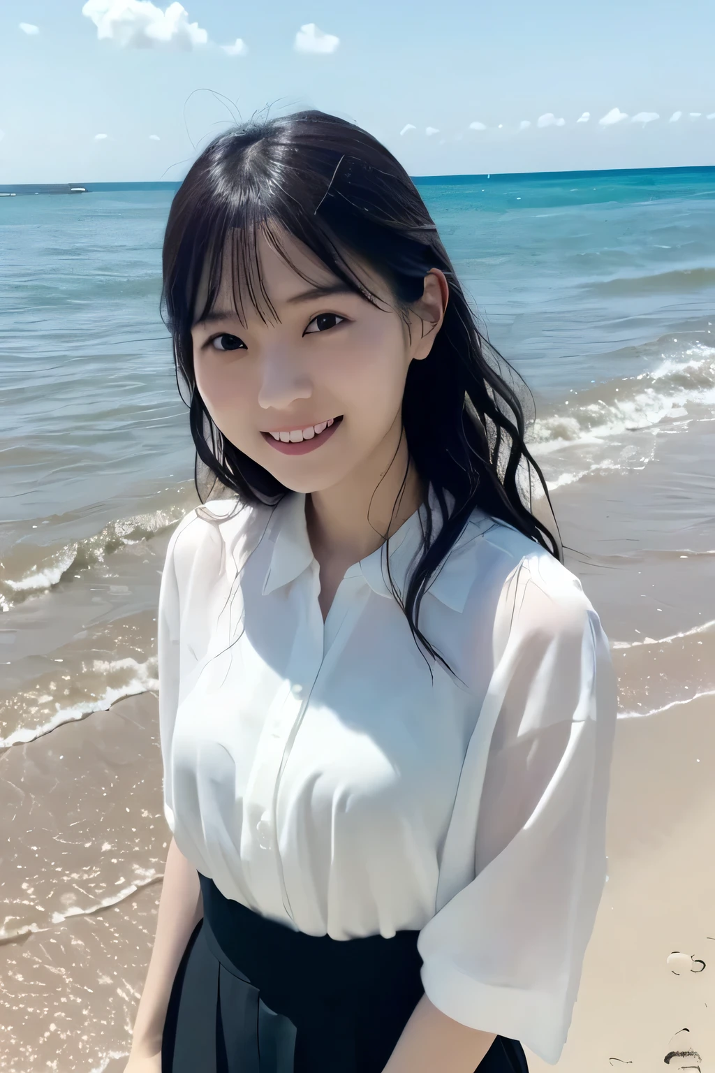 Seaside Office、Summer Sea、Summer sky、 sandy beach、Water&#39;s Edge、I'm operating a laptop、
 ((photograph、Japanese beauty's hair 、１Beautiful Japanese Girls、 Japanese idol 、 white skin 、 Gentle Smile 、Very cute、 long wavy hair 、 white blouse 、 black business suit))