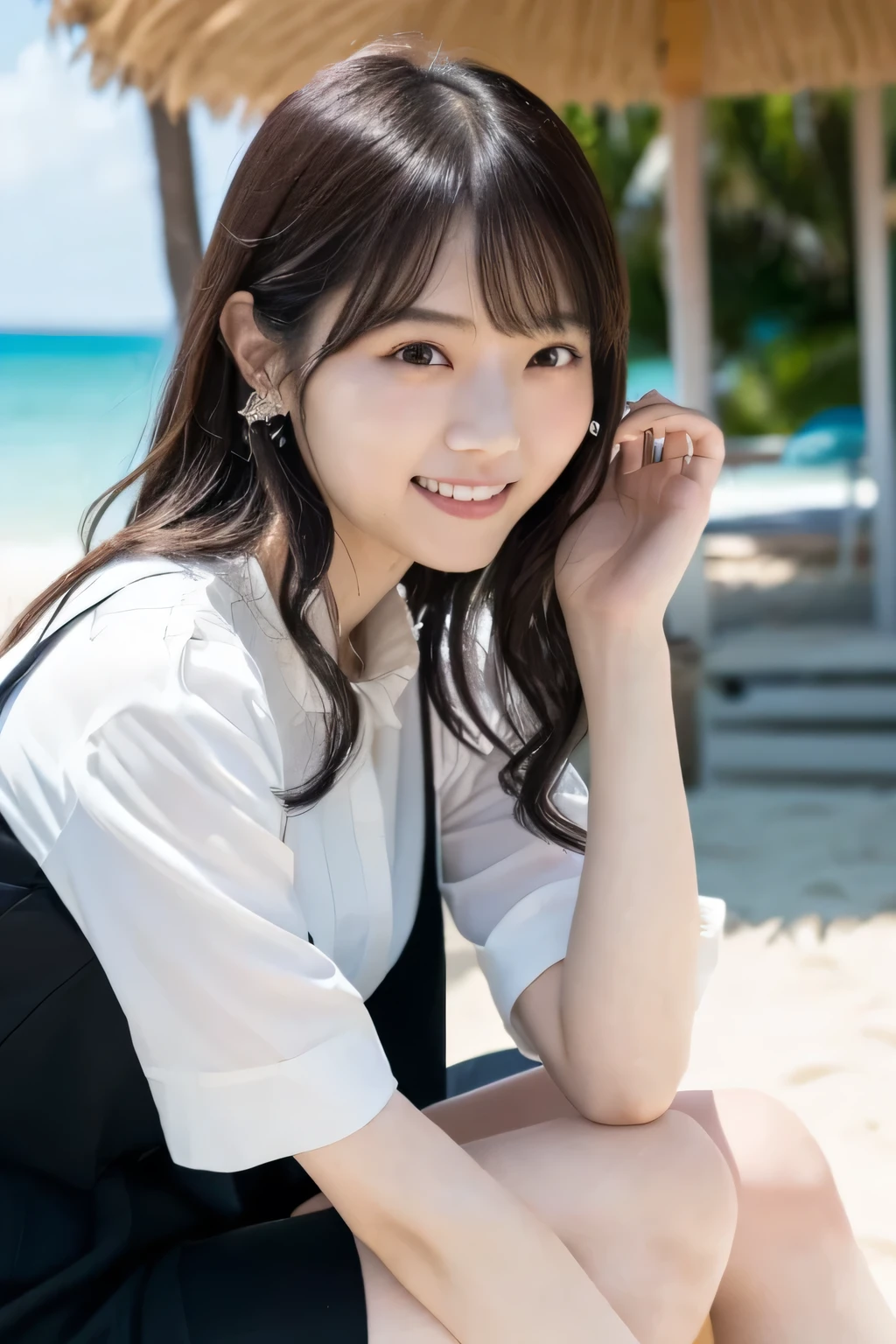 Seaside Office、Summer Sea、Summer sky、 sandy beach、Water&#39;s Edge、I'm operating a laptop、
 ((photograph、Japanese beauty's hair 、１Beautiful Japanese Girls、 Japanese idol 、 white skin 、 Gentle Smile 、Very cute、 long wavy hair 、 white blouse 、 black business suit))