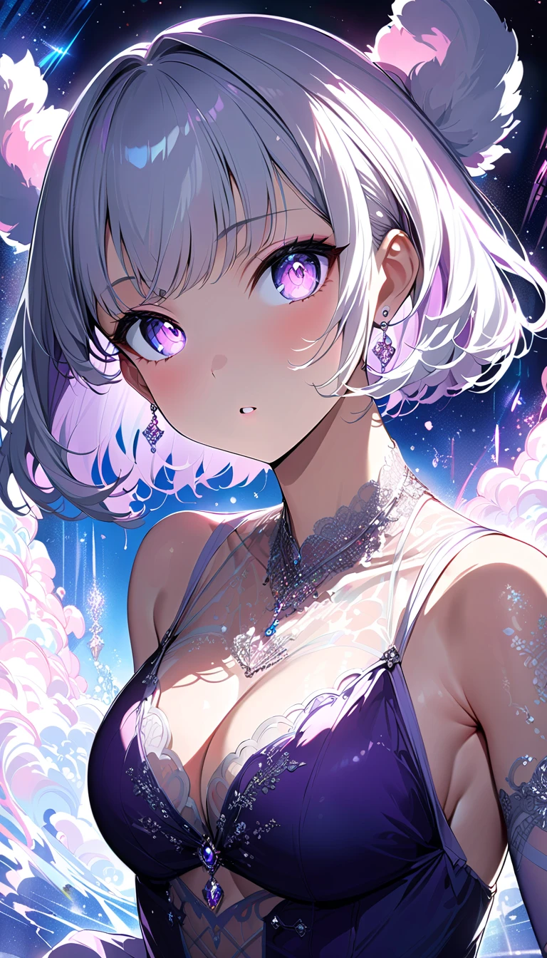 white hair、（ CLEAR LINGERIE :1.7）.Big Breasts、（ Depictions expressing a sense of speed and speed :1.6）、（The town where it snows:1.6）、 Slam、  dynamic pose  、  Movie Scene 、Illuminated、cyberpunk.beautiful face drawing、 Delicate eye depiction  、Undivided Composition  、（View from directly below:1.6）.（Big Breastsにフォーカス:1.3）、Big Breasts、masterpiece,  best quality, Raising awareness, （  girl who does mischief :1.1）, cute, ( Dynamic Lighting:1.2),  movie lighting,  Elegant Features ,   detail eye,   sharp pupils, Sharp Focus , (  Very detailed, soft glow:1.4),   lots of small jewels  , (((short_hair))),　  twin tails、   WOMEN ONLY EARRINGS  、前hair、（パステルブラックhair:1.5）、  upper body、（She is wearing shimmering pale purple lingerie with crystal pretty embroidery.   The lingerie is transparent up to the chest   :1.6）.、Transparent design。  the light source is gentle light from the front  ....、 The overall atmosphere is bright and clean ....。