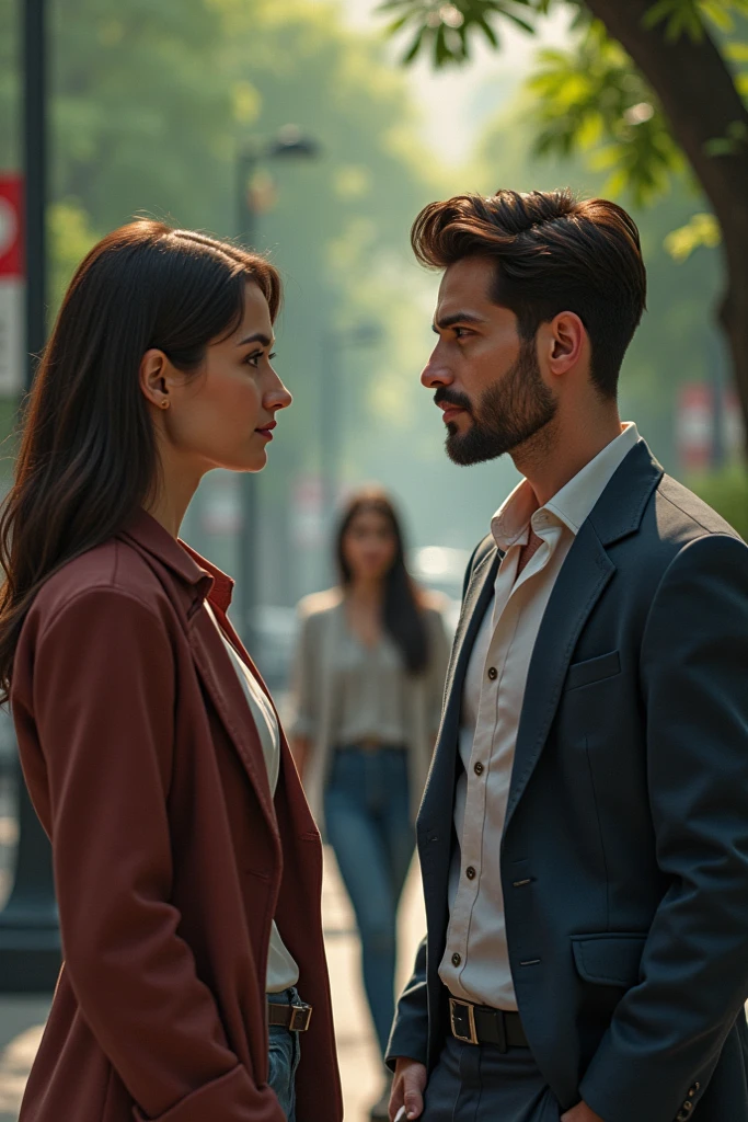 (Best detailed, ultra-quality, realistic) the man comes and the woman goes, the two are on the same path and the woman's soul leaves to smell the perfume that the man is wearing. The soul is like clear smoke in the shape of a woman.