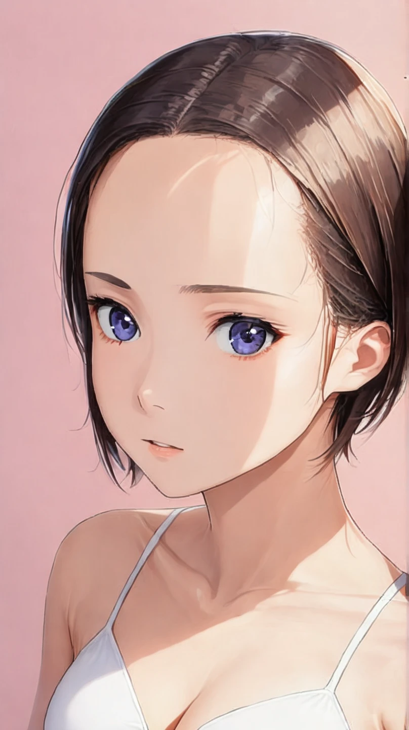 (high quality, masterpiece), cute face, , clear skin, vibrant colors, white bikini, simple background, (pixie cut:1.1), dark gray hair, (forehead:1.3), (low hair volume:1.5), (Parted Bangs:1.3), (extra long sideburns:1.3), (side part:1.3), (shaved sides hair:1.2), medium breasts BREAK

