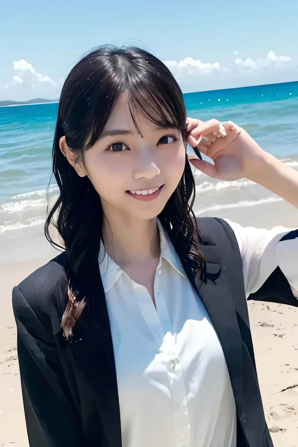 Seaside Office、Summer Sea、Summer sky、 sandy beach、Water's Edge、I'm operating a laptop、
((photograph、Japanese beauty's hair 、1Beautiful Japanese Girls、 Japanese idol 、 white skin 、 Gentle Smile 、Very cute、 long wavy hair 、 white blouse 、 black business suit))