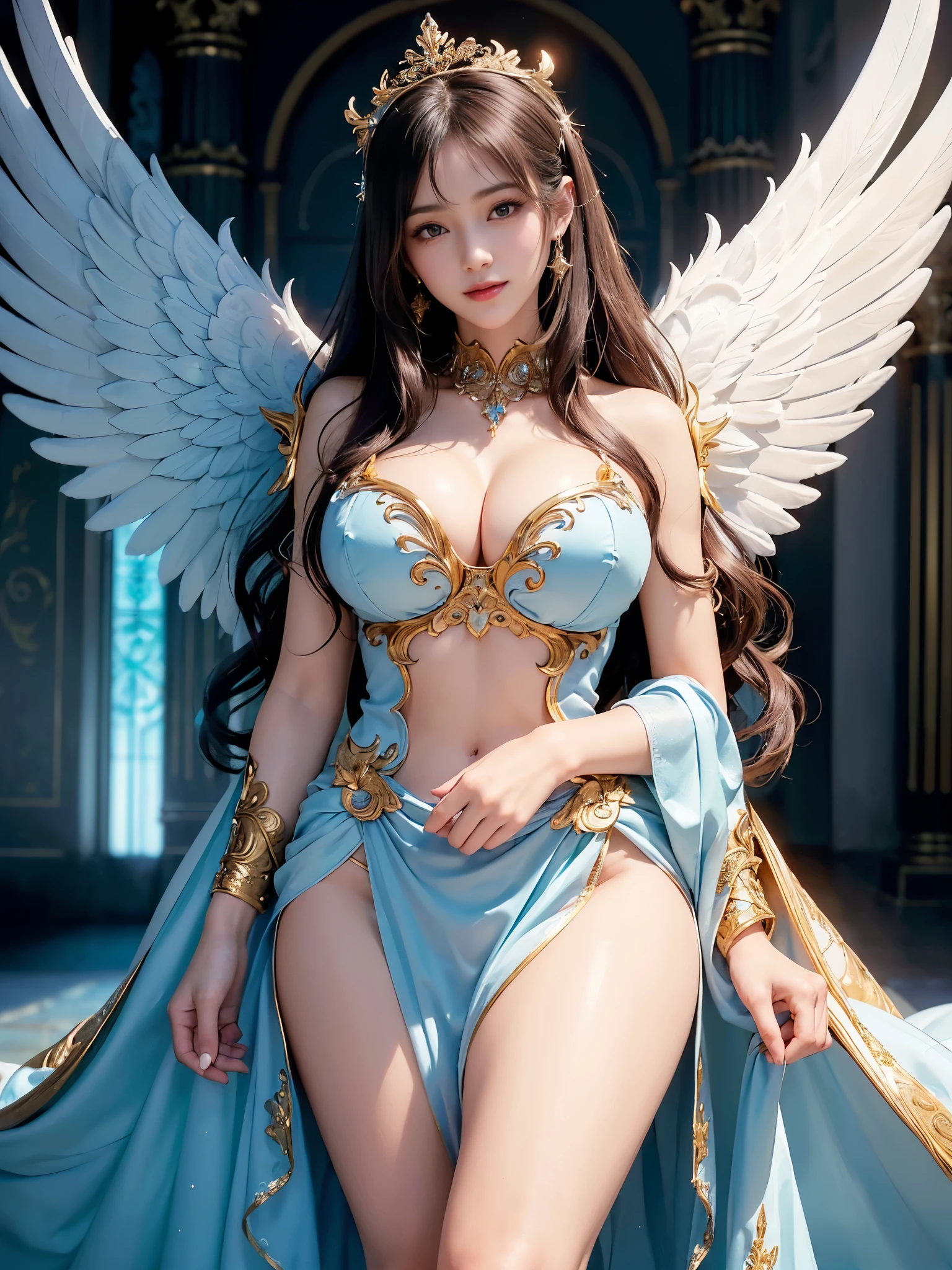 ((Very beautiful angel queen,The final form as a perfect angel, the masterpiece of an angel,Huge and intricate angel wings,The most dignified wings,Golden light,shining background,The most opulent and holy temple background,White and gold temple background,King of Angels,The most dignified angel,Intricate and solemn dresses,Light blue and gold embellishment dress on white,Light blue and gold dress on white base,Complex and majestic angel figure,The most majestic figure of the devil,The most intricately depicted figure of an angel,The World's Most Beautiful,Unimaginable beauties,divine atmosphere,The most intricate and beautiful dresses,Intricate reproduction of the perfect angelic detail,The figure of an unimaginably gorgeous angel,The figure of an unimaginably huge angel)), (((Tyndall effect;1.45))), ((Most beautiful face,Half Japan and half Spanish,The biggest happy smile,Beautiful wavy hair,Black and red hair,The most luxurious and intricate dresses,The biggest smile looking at the camera)),(Elegant standing figure,Fold your hands in front of your navel,)),Chest that seems to burst,Giant wings of angels,The background is the appearance of a perfect angel castle,Masterpiece,8K,very intricate,ultra-detailliert, nsfw