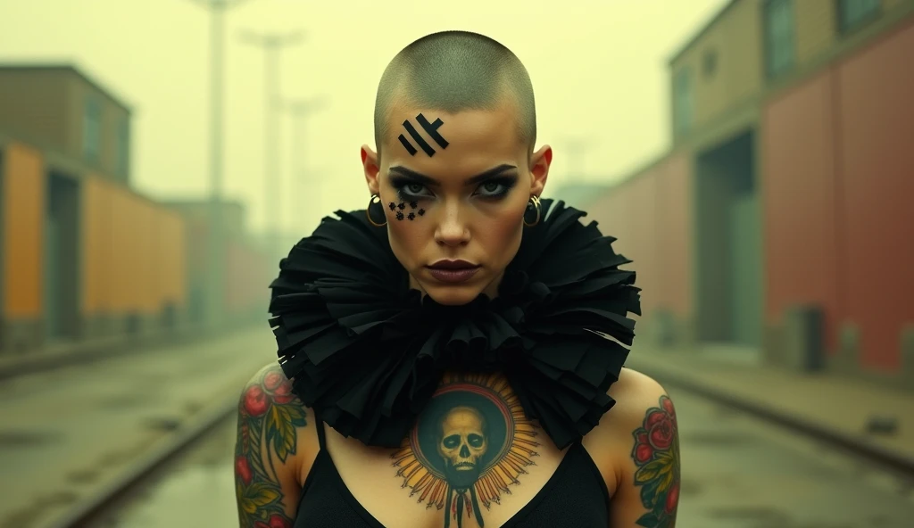 a woman wearing a white and gold outfit , alt_style , alternative culture , alternative style , tattoos:0.2, <lora:alt_style:1.0>