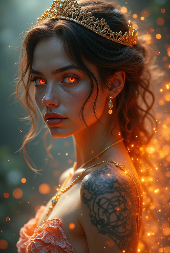 A mulher irradia uma beleza selvagem e poderosa. Sua pele tem um tom que parece brilhar sutilmente, como se fosse acariciada pela magia constantemente. Seus olhos são hipnotizantes, em tons profundos de dourado ou púrpura, sempre brilhando com uma intensidade quase sobrenatural, revelando sua conexão mágica. O cabelo é volumoso e fluido, com mechas que parecem refletir sua afinidade mágica, assumindo tons vibrantes quando ela está em ação, como vermelho para o fogo ou prateado para o gelo. Seus traços faciais são delicados, mas não perdem a força. As marcas mágicas que percorrem sua pele são elegantes e intrincadas, parecendo tatuagens que fluem e se reconfiguram conforme ela manipula sua magia. Ela veste roupas que combinam funcionalidade e graça, frequentemente reforçadas com magia para resistir a combates. Adornos como tiaras ou brincos encantados não são apenas acessórios, mas também amplificadores de seus poderes. Sua presença é ao mesmo tempo, magnética e intimidadora, exalando uma aura que mistura mistério e força indomável, , intricately detailed characters, semi-realistic anime, award-winning digital art, cinematic lighting, dramatic composition, chiaroscuro, and muted colors. palette, dramatic shadows, ethereal atmosphere, (best quality, 4k, 8k, high resolution, masterpiece: 1.2), ultra-detailed character, intricately detailed semi-realistic anime, award-winning digital art, cinematic, dramatic composition, chiaroscuro, color palette Soft colors, dramatic shadows, atmosphere (best quality, 4k, 8k, high resolution, masterpiece: 1.2), ultra-detailed.