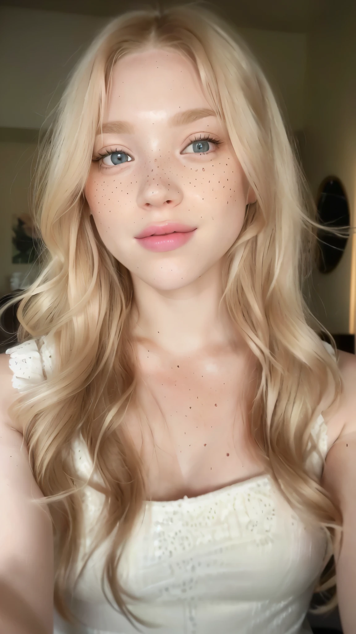 blonde woman with freckled hair and freckled dress posing for a picture, sydney sweeney, pale skin curly blond hair, a girl with blonde hair, headshot profile picture, hint of freckles, with long blond hair, long blonde hair and large eyes, small freckles, with freckles, she has a cute face, very light freckles, soft freckles, cute freckles, instagram story